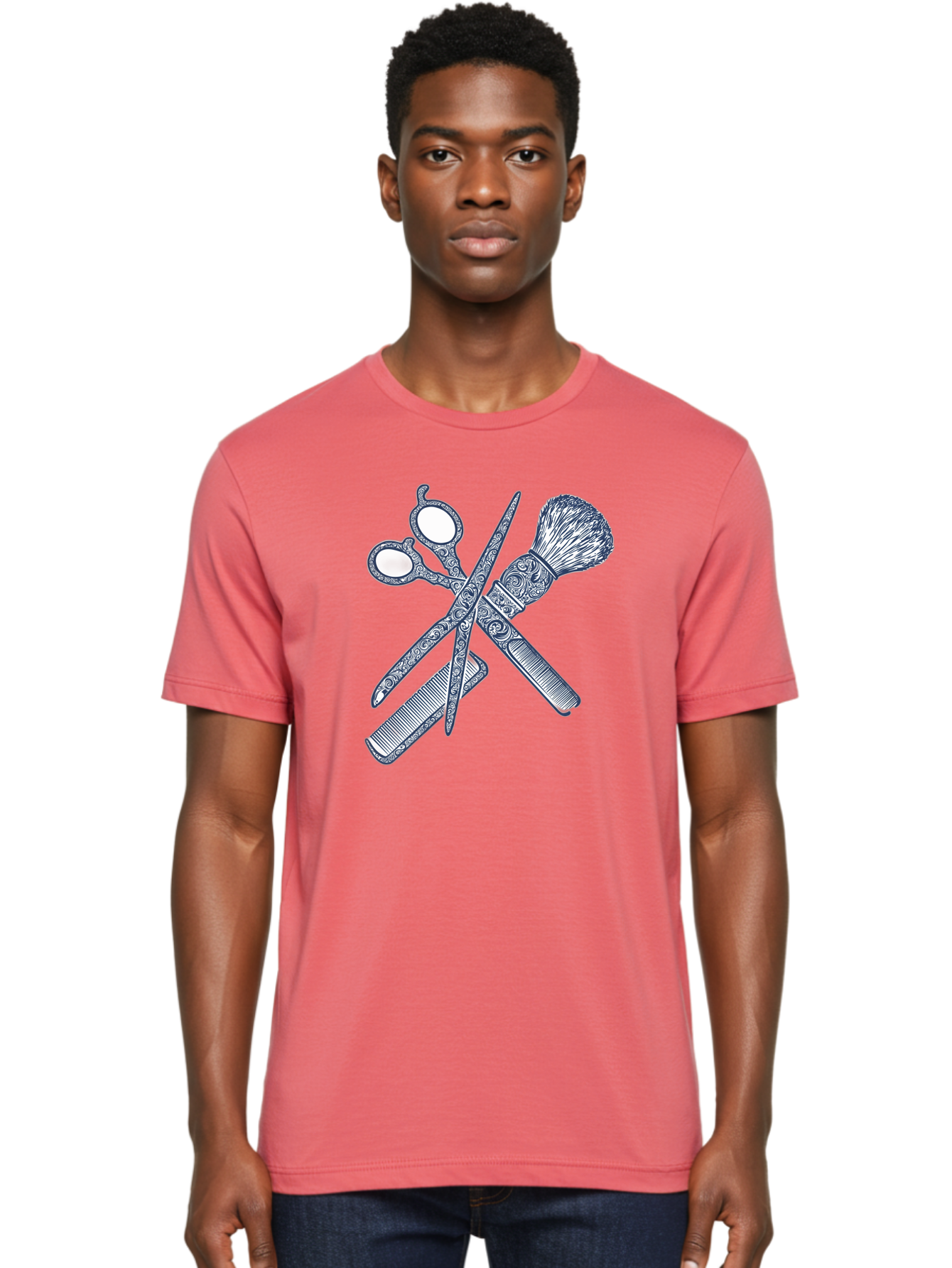 Barber-Tools Men'S Graphic Tee, 100% Cotton, Comfortable Casual Summer Wear, Machine Washable, Barber Scissors, Straight Razor, Shaving Brush, Vintage Grooming, Men'S Grooming, Classic Barber Shop, Antique Styling, Ornate Details, Bac612