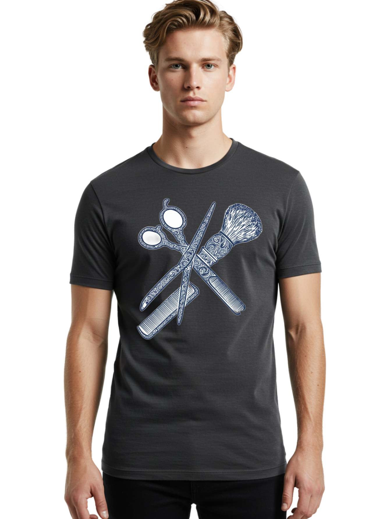 Barber-Tools Men'S Graphic Tee, 100% Cotton, Comfortable Casual Summer Wear, Machine Washable, Barber Scissors, Straight Razor, Shaving Brush, Vintage Grooming, Men'S Grooming, Classic Barber Shop, Antique Styling, Ornate Details, Bac612