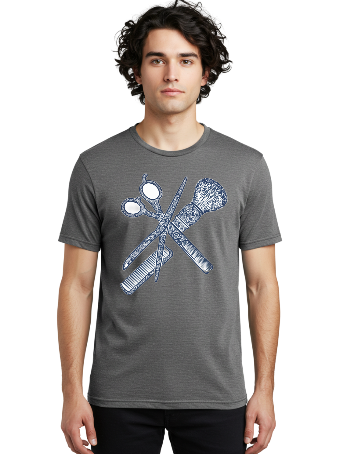 Barber-Tools Men'S Graphic Tee, 100% Cotton, Comfortable Casual Summer Wear, Machine Washable, Barber Scissors, Straight Razor, Shaving Brush, Vintage Grooming, Men'S Grooming, Classic Barber Shop, Antique Styling, Ornate Details, Bac612