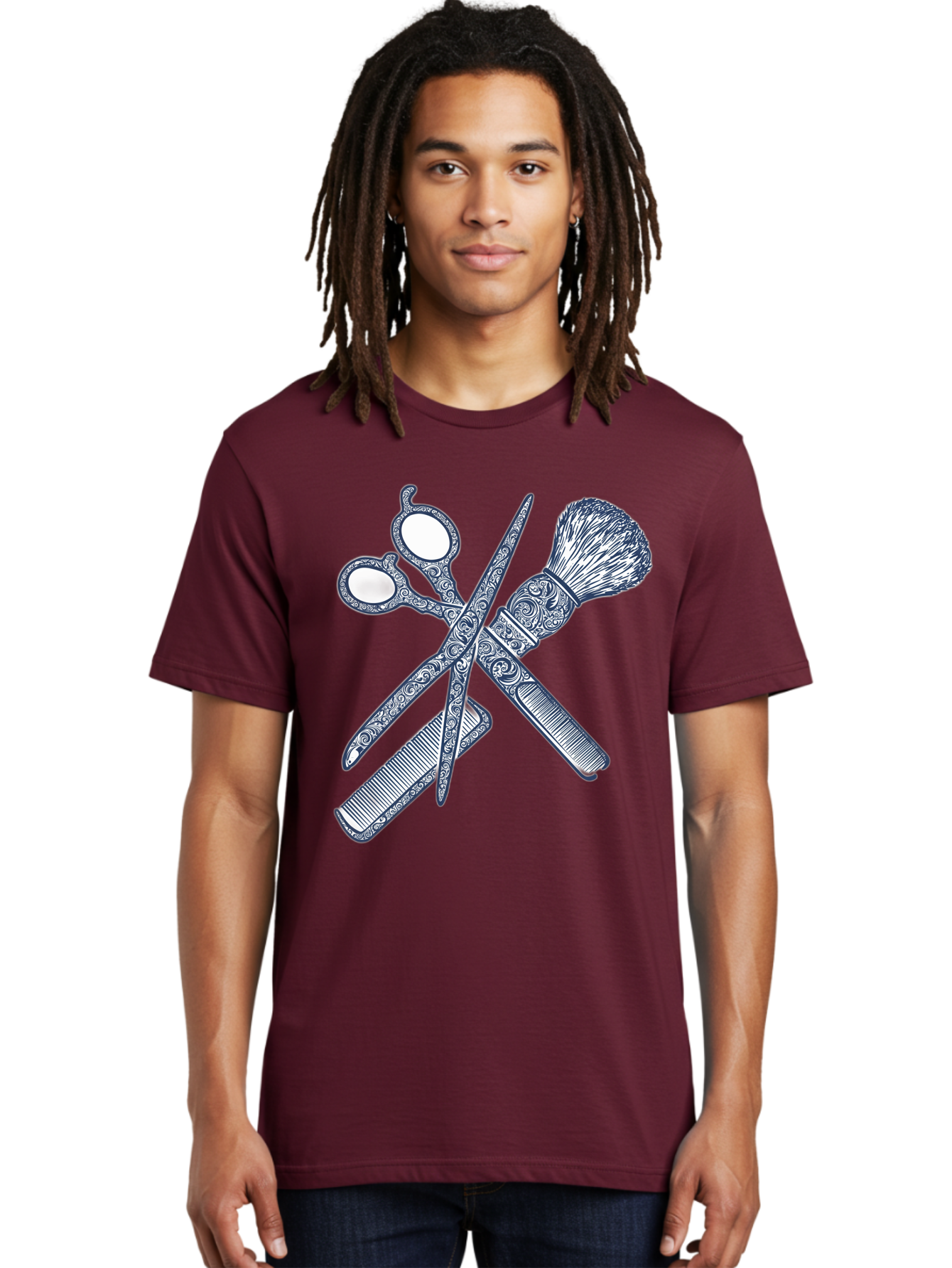 Barber-Tools Men'S Graphic Tee, 100% Cotton, Comfortable Casual Summer Wear, Machine Washable, Barber Scissors, Straight Razor, Shaving Brush, Vintage Grooming, Men'S Grooming, Classic Barber Shop, Antique Styling, Ornate Details, Bac612