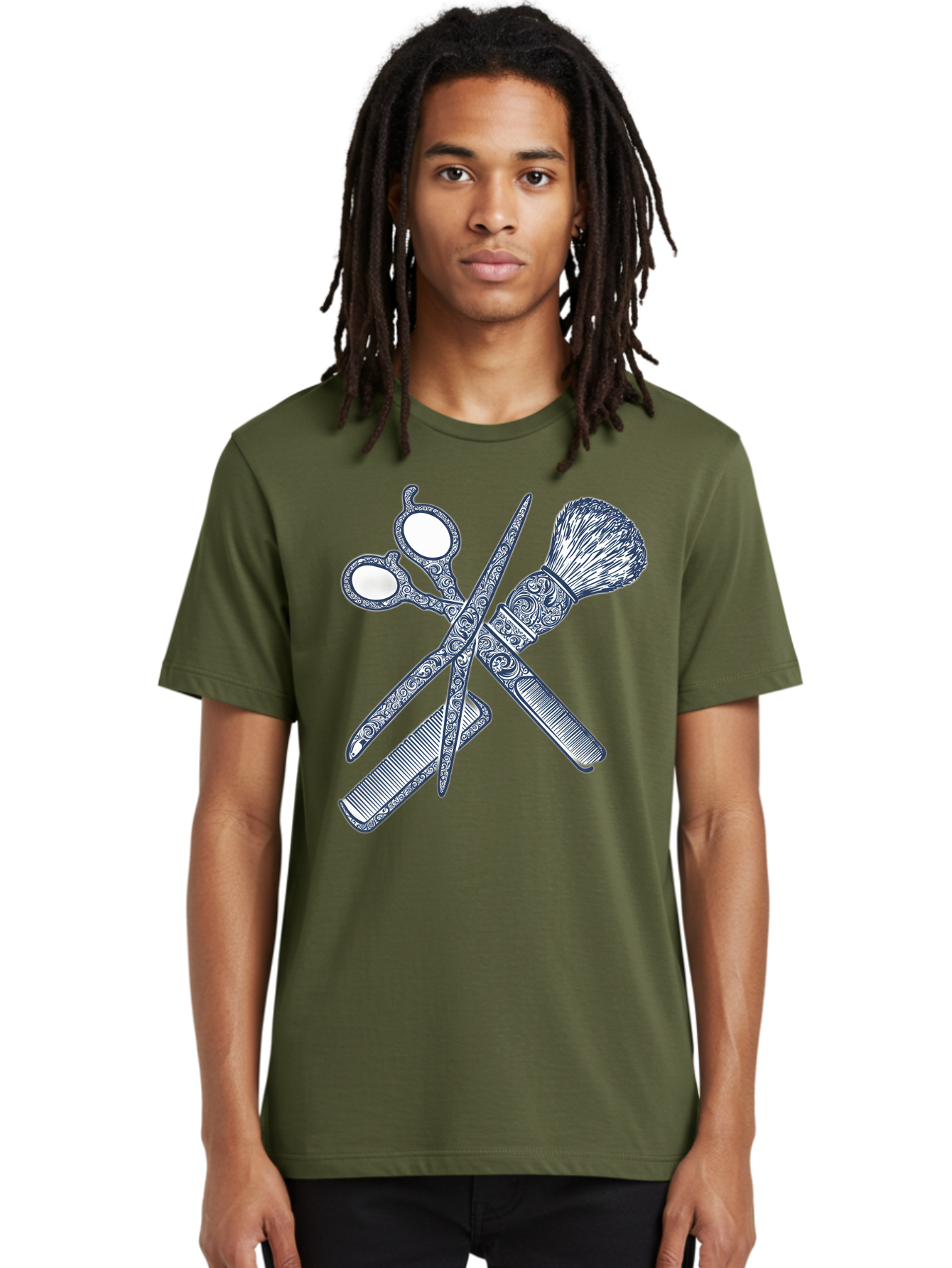 Barber-Tools Men'S Graphic Tee, 100% Cotton, Comfortable Casual Summer Wear, Machine Washable, Barber Scissors, Straight Razor, Shaving Brush, Vintage Grooming, Men'S Grooming, Classic Barber Shop, Antique Styling, Ornate Details, Bac612