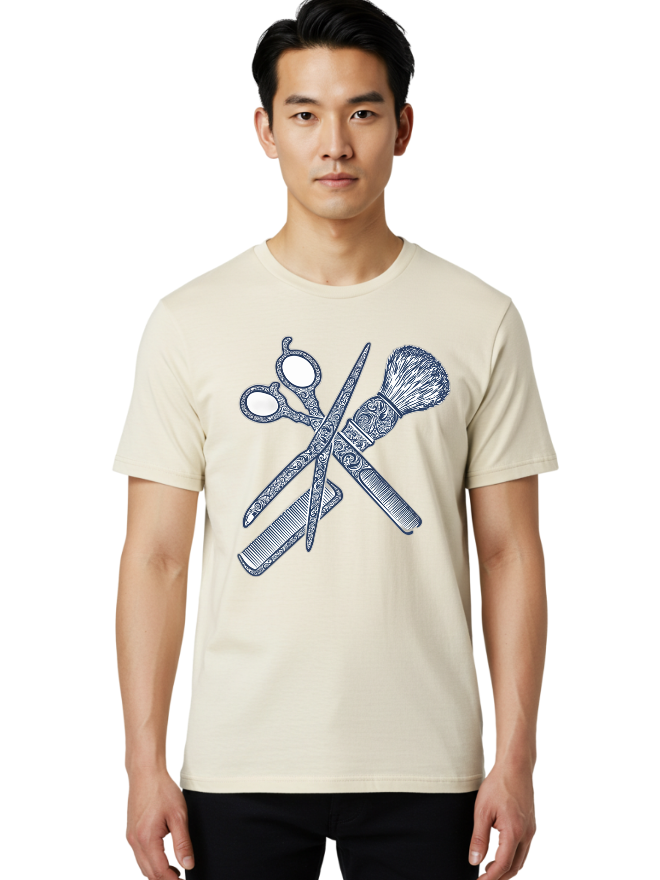 Barber-Tools Men'S Graphic Tee, 100% Cotton, Comfortable Casual Summer Wear, Machine Washable, Barber Scissors, Straight Razor, Shaving Brush, Vintage Grooming, Men'S Grooming, Classic Barber Shop, Antique Styling, Ornate Details, Bac612