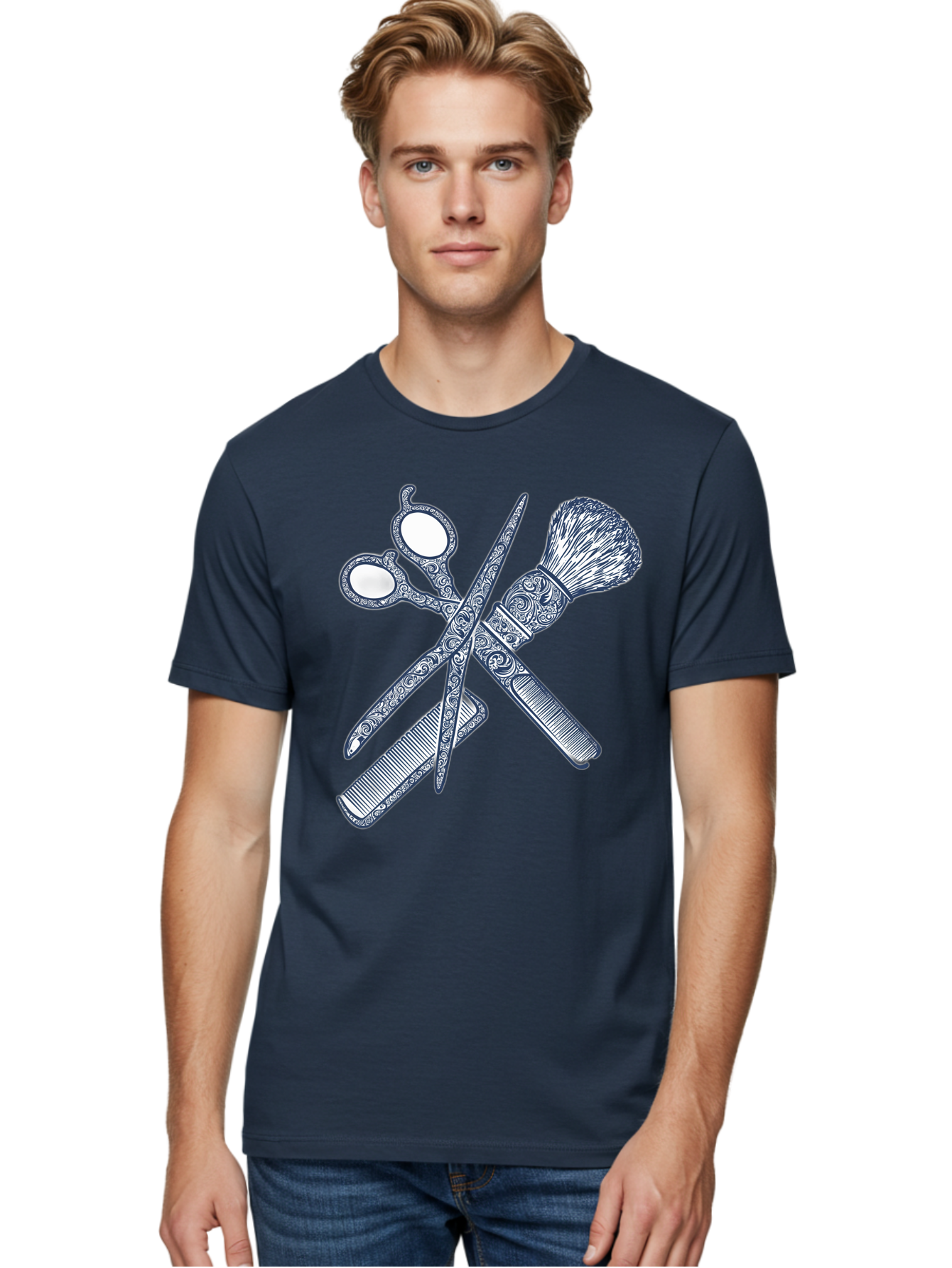 Barber-Tools Men'S Graphic Tee, 100% Cotton, Comfortable Casual Summer Wear, Machine Washable, Barber Scissors, Straight Razor, Shaving Brush, Vintage Grooming, Men'S Grooming, Classic Barber Shop, Antique Styling, Ornate Details, Bac612