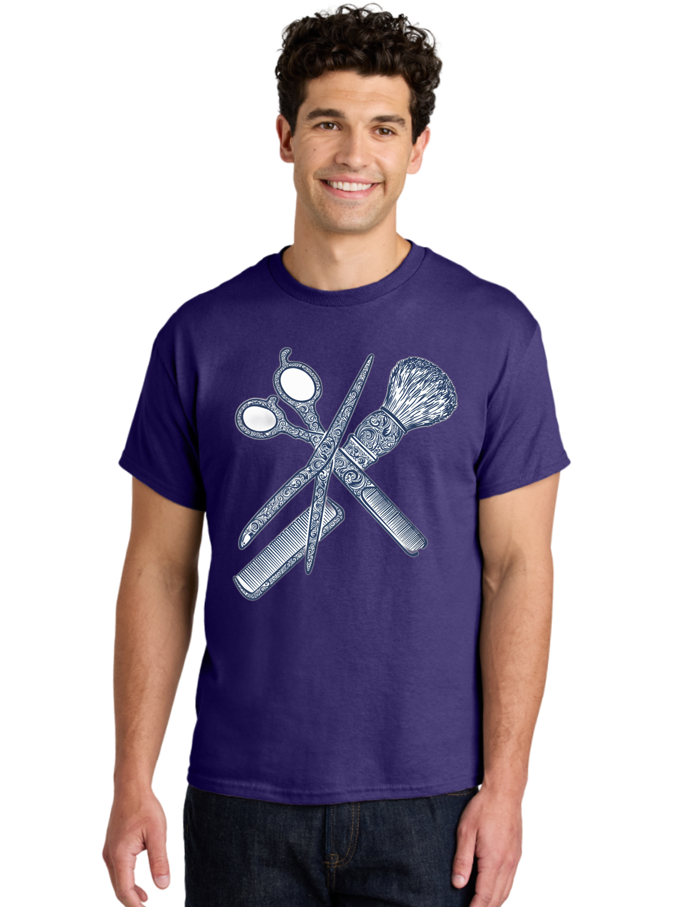 Barber-Tools Men'S Graphic Tee, 100% Cotton, Comfortable Casual Summer Wear, Machine Washable, Barber Scissors, Straight Razor, Shaving Brush, Vintage Grooming, Men'S Grooming, Classic Barber Shop, Antique Styling, Ornate Details, Bac612