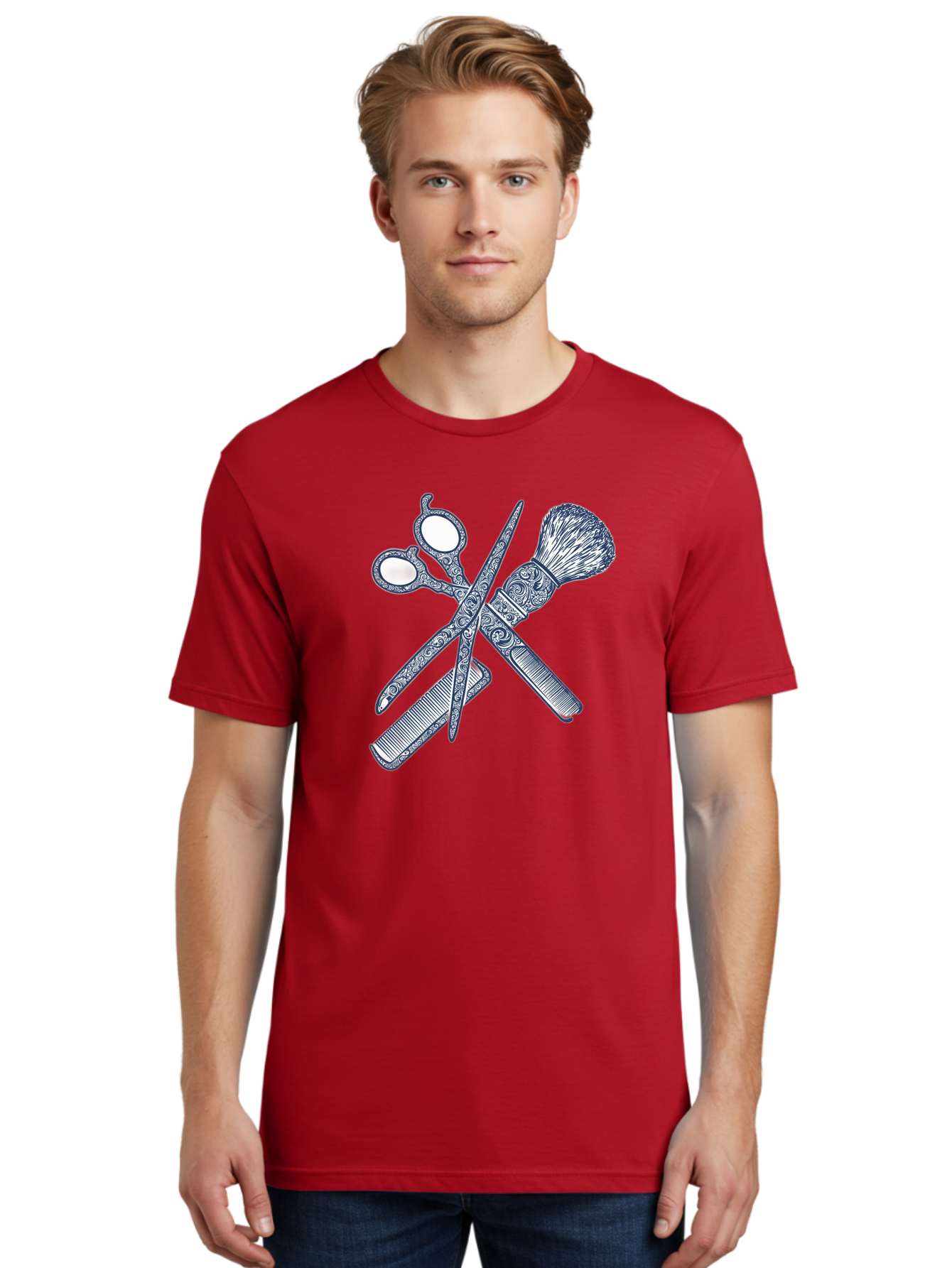Barber-Tools Men'S Graphic Tee, 100% Cotton, Comfortable Casual Summer Wear, Machine Washable, Barber Scissors, Straight Razor, Shaving Brush, Vintage Grooming, Men'S Grooming, Classic Barber Shop, Antique Styling, Ornate Details, Bac612