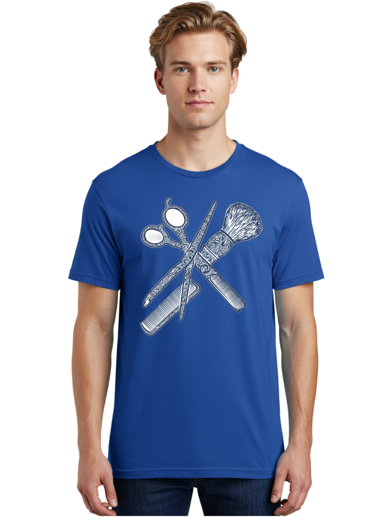 Barber-Tools Men'S Graphic Tee, 100% Cotton, Comfortable Casual Summer Wear, Machine Washable, Barber Scissors, Straight Razor, Shaving Brush, Vintage Grooming, Men'S Grooming, Classic Barber Shop, Antique Styling, Ornate Details, Bac612