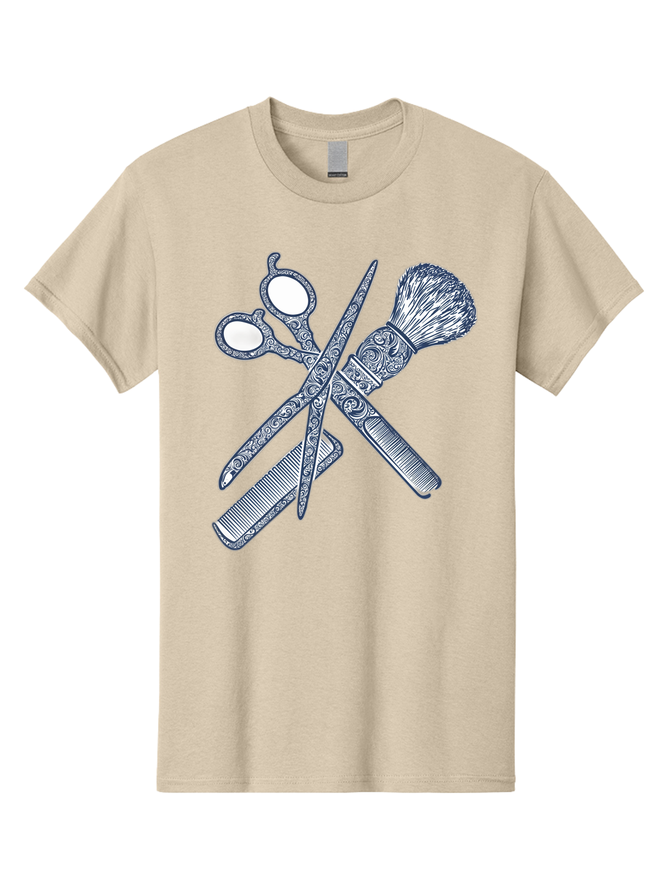 Barber-Tools Men'S Graphic Tee, 100% Cotton, Comfortable Casual Summer Wear, Machine Washable, Barber Scissors, Straight Razor, Shaving Brush, Vintage Grooming, Men'S Grooming, Classic Barber Shop, Antique Styling, Ornate Details, Bac612