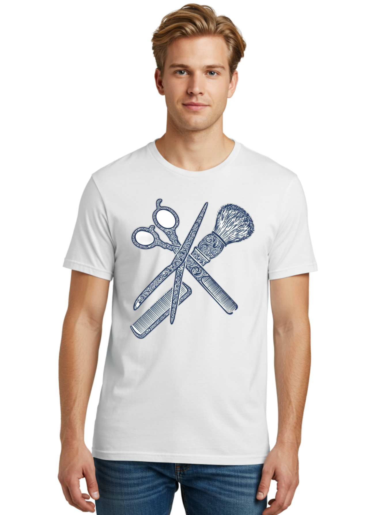 Barber-Tools Men'S Graphic Tee, 100% Cotton, Comfortable Casual Summer Wear, Machine Washable, Barber Scissors, Straight Razor, Shaving Brush, Vintage Grooming, Men'S Grooming, Classic Barber Shop, Antique Styling, Ornate Details, Bac612