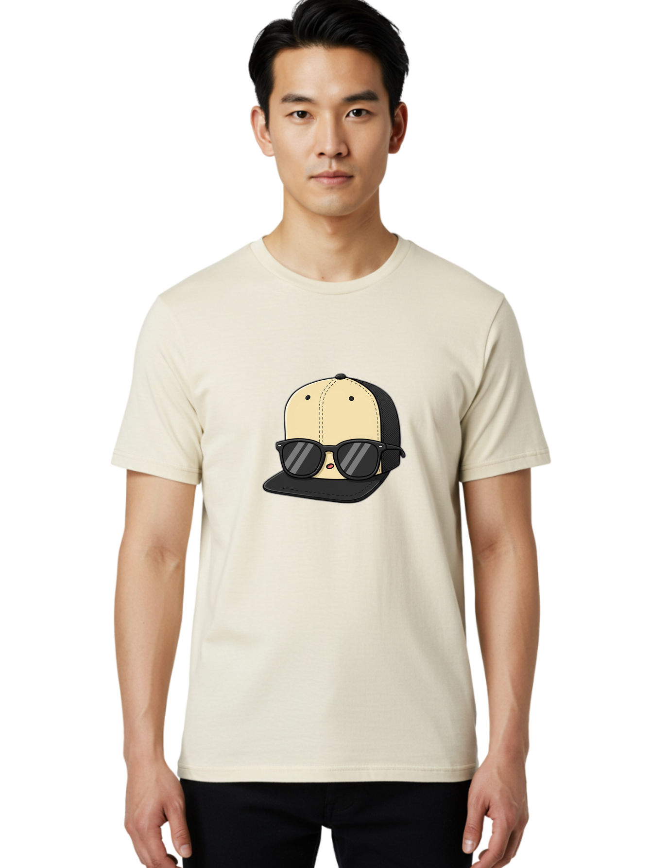 Baseball-Cap-1 Men'S Graphic Tee, 100% Cotton, Comfortable Casual Summer Wear, Machine Washable, Baseball Cap, Sunglasses, Cool Guy, Hipster Style, Trendy Accessories, Fashionable Hat, Cartoon Character, Black And Tan, Shades, Cool Vibes Bac615