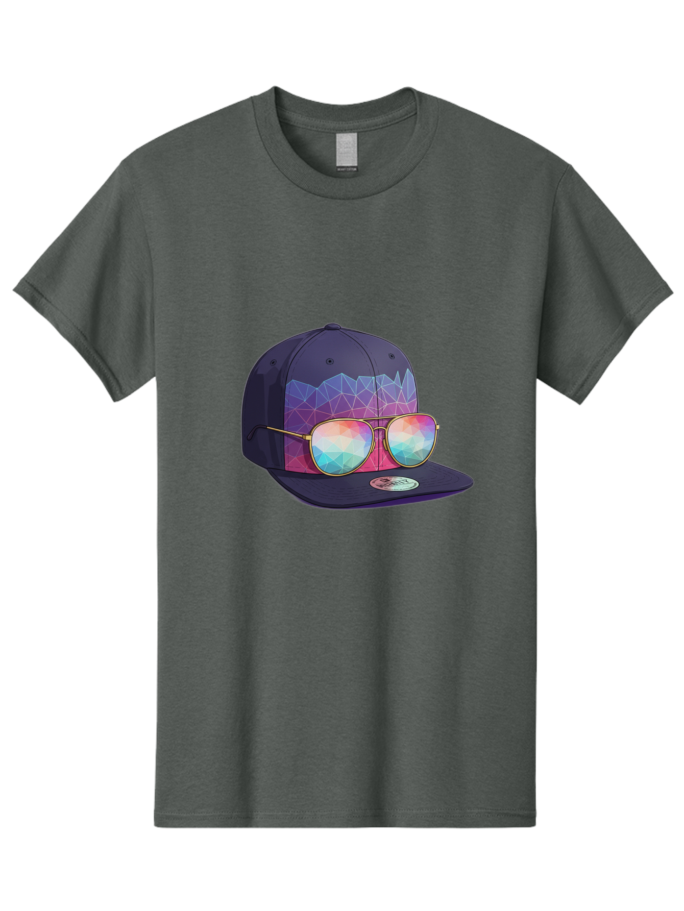 Baseball-Cap-With-Sunglasses-1 Men'S Graphic Tee, 100% Cotton, Comfortable Casual Summer Wear, Machine Washable, Baseball Cap, Sunglasses, Futuristic Style, Rainbow Colors, Gold Frames, Colorful Reflections, Modern Fashion, Trendy Accessories Bac616