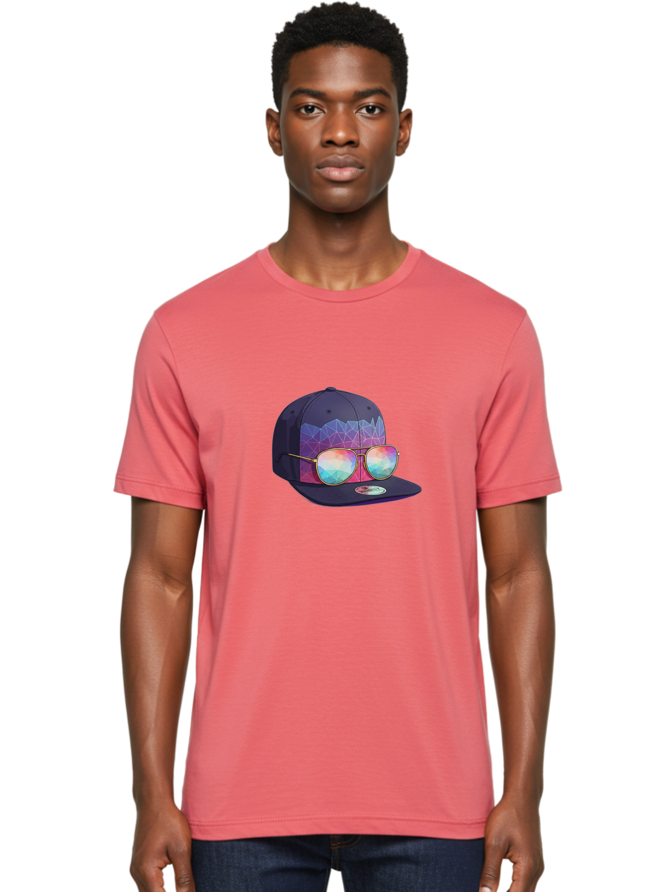 Baseball-Cap-With-Sunglasses-1 Men'S Graphic Tee, 100% Cotton, Comfortable Casual Summer Wear, Machine Washable, Baseball Cap, Sunglasses, Futuristic Style, Rainbow Colors, Gold Frames, Colorful Reflections, Modern Fashion, Trendy Accessories Bac616