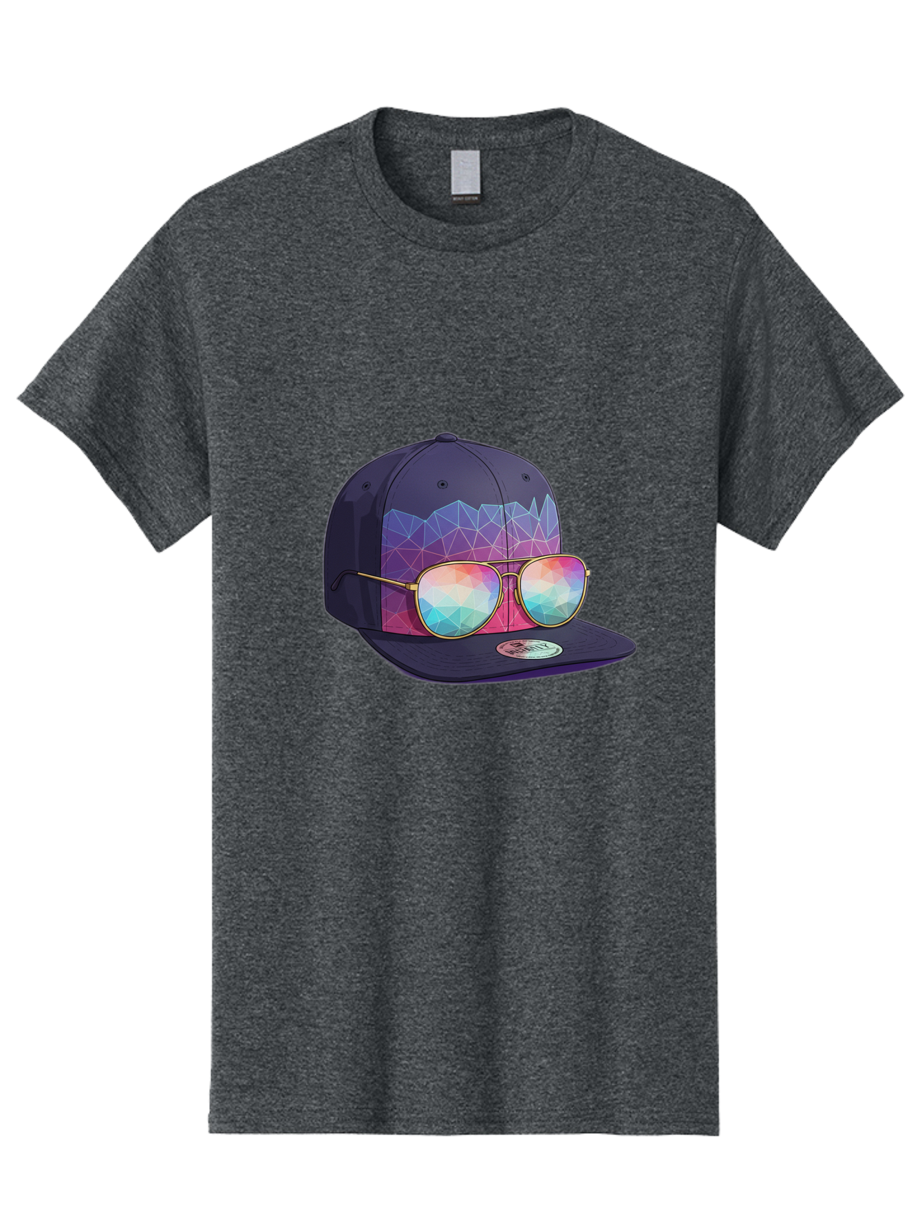 Baseball-Cap-With-Sunglasses-1 Men'S Graphic Tee, 100% Cotton, Comfortable Casual Summer Wear, Machine Washable, Baseball Cap, Sunglasses, Futuristic Style, Rainbow Colors, Gold Frames, Colorful Reflections, Modern Fashion, Trendy Accessories Bac616