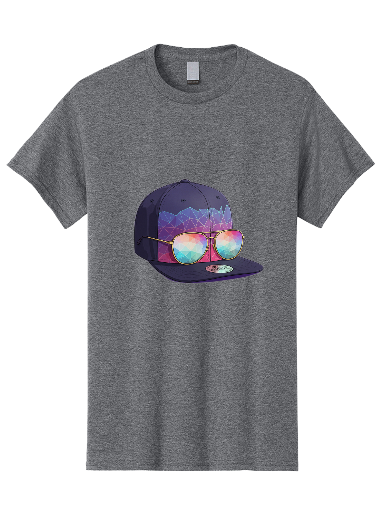 Baseball-Cap-With-Sunglasses-1 Men'S Graphic Tee, 100% Cotton, Comfortable Casual Summer Wear, Machine Washable, Baseball Cap, Sunglasses, Futuristic Style, Rainbow Colors, Gold Frames, Colorful Reflections, Modern Fashion, Trendy Accessories Bac616