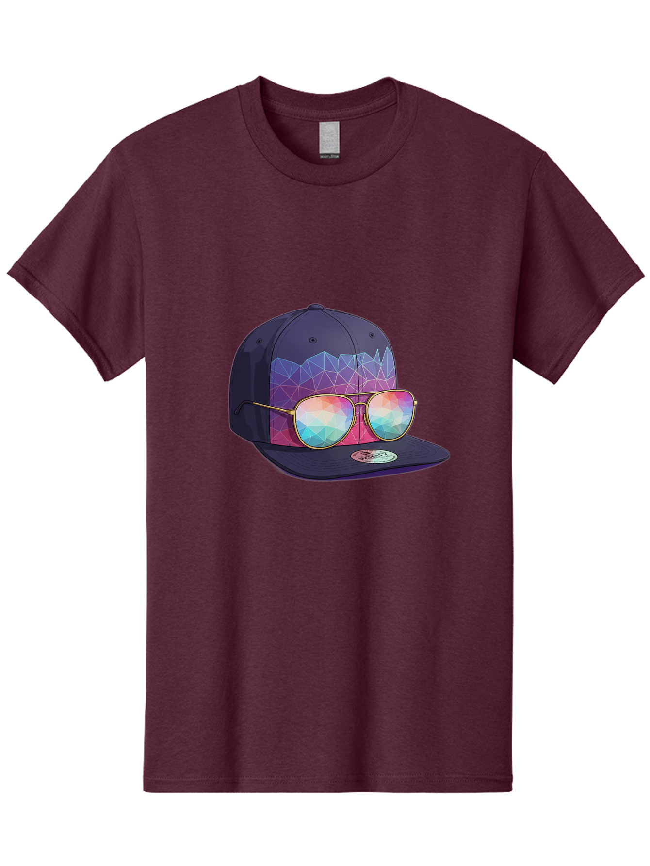 Baseball-Cap-With-Sunglasses-1 Men'S Graphic Tee, 100% Cotton, Comfortable Casual Summer Wear, Machine Washable, Baseball Cap, Sunglasses, Futuristic Style, Rainbow Colors, Gold Frames, Colorful Reflections, Modern Fashion, Trendy Accessories Bac616
