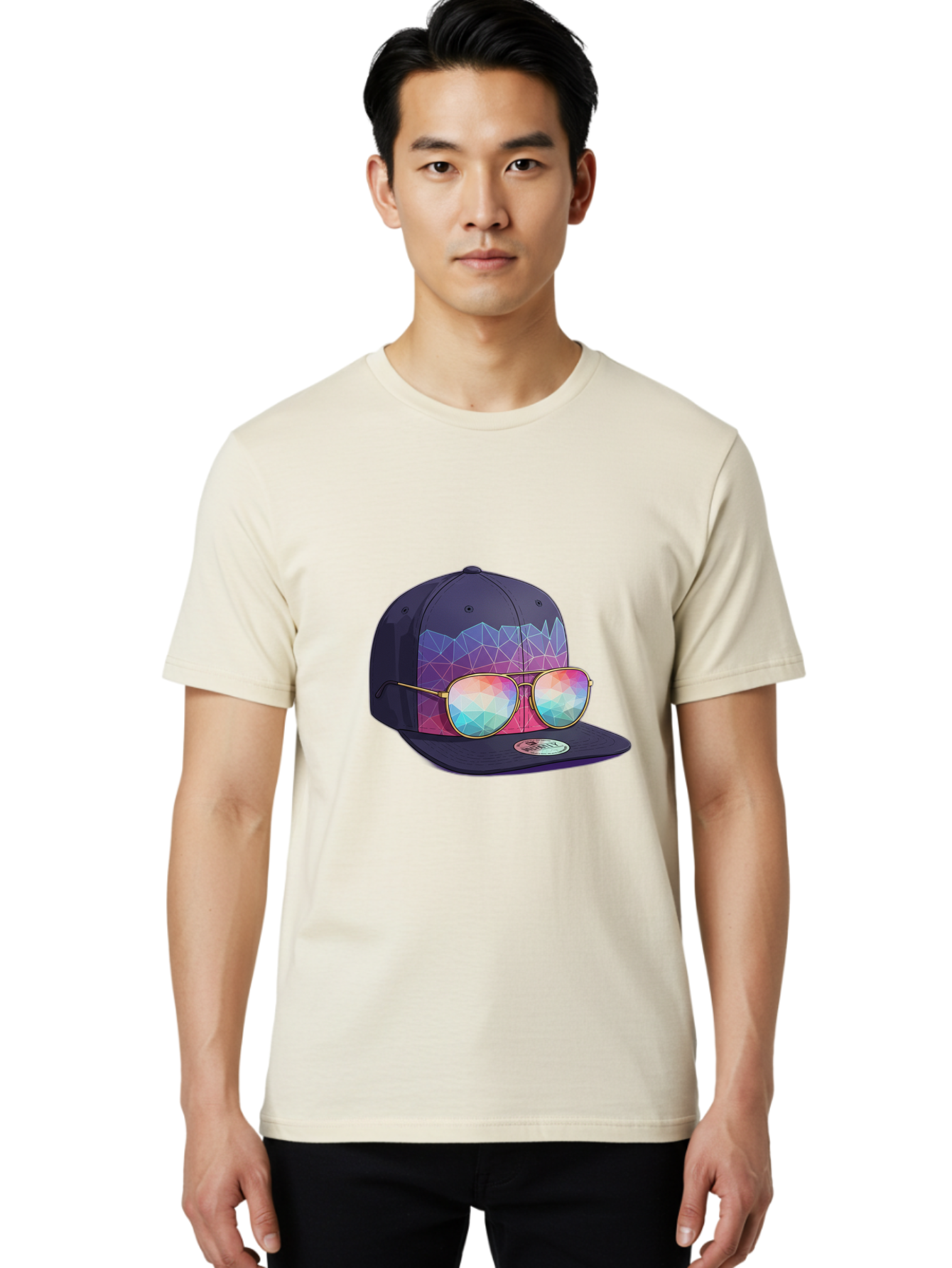 Baseball-Cap-With-Sunglasses-1 Men'S Graphic Tee, 100% Cotton, Comfortable Casual Summer Wear, Machine Washable, Baseball Cap, Sunglasses, Futuristic Style, Rainbow Colors, Gold Frames, Colorful Reflections, Modern Fashion, Trendy Accessories Bac616