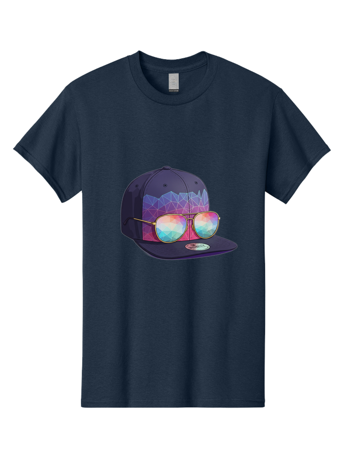 Baseball-Cap-With-Sunglasses-1 Men'S Graphic Tee, 100% Cotton, Comfortable Casual Summer Wear, Machine Washable, Baseball Cap, Sunglasses, Futuristic Style, Rainbow Colors, Gold Frames, Colorful Reflections, Modern Fashion, Trendy Accessories Bac616