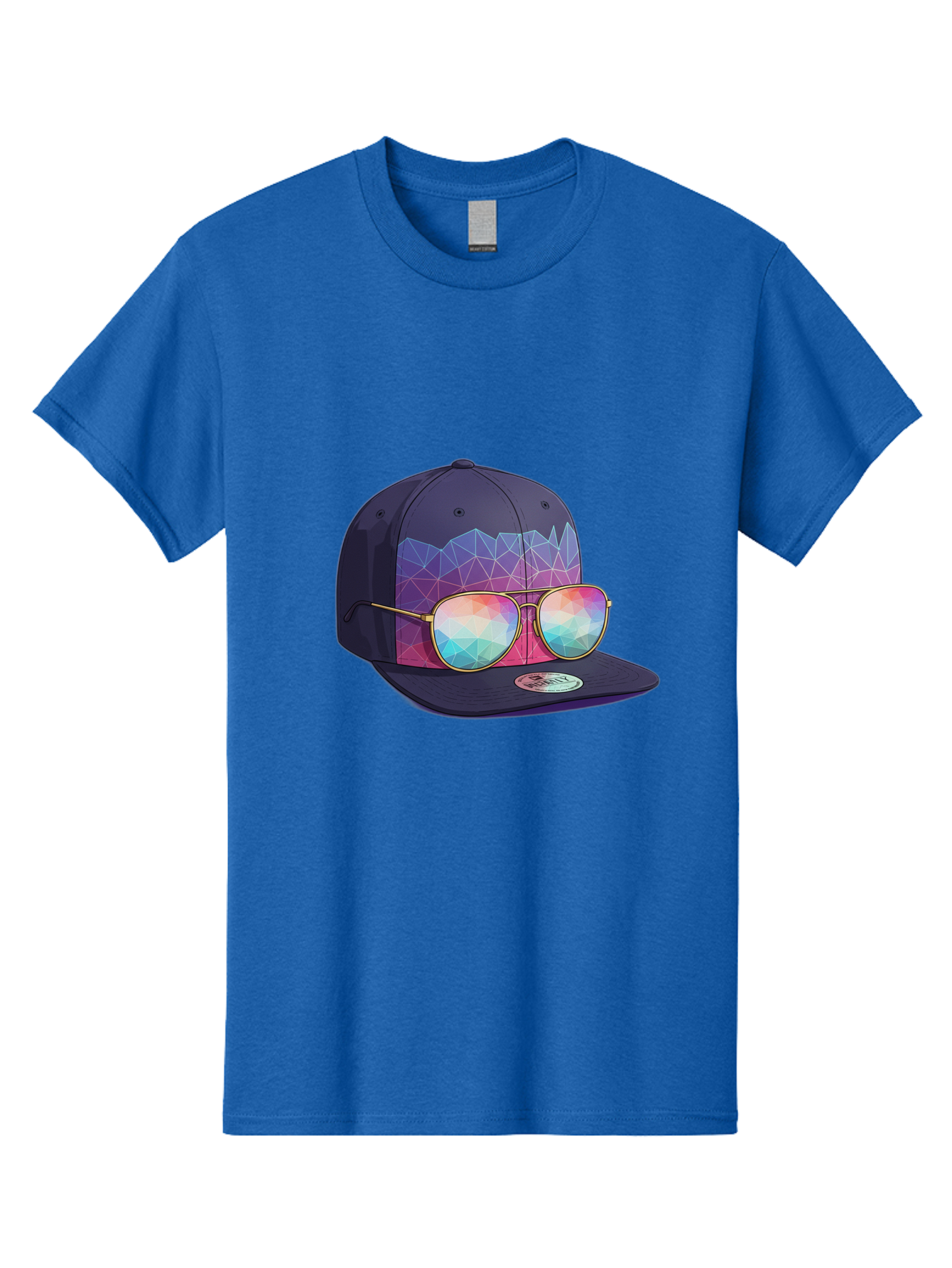 Baseball-Cap-With-Sunglasses-1 Men'S Graphic Tee, 100% Cotton, Comfortable Casual Summer Wear, Machine Washable, Baseball Cap, Sunglasses, Futuristic Style, Rainbow Colors, Gold Frames, Colorful Reflections, Modern Fashion, Trendy Accessories Bac616