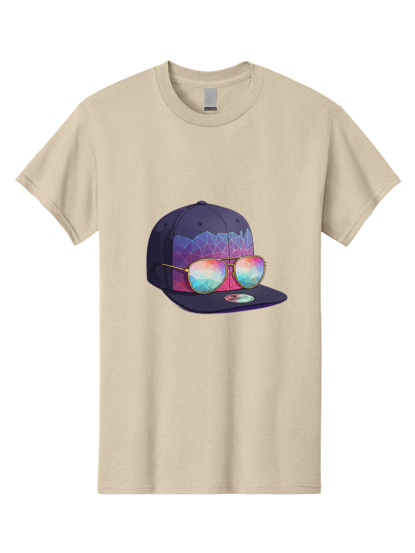 Baseball-Cap-With-Sunglasses-1 Men'S Graphic Tee, 100% Cotton, Comfortable Casual Summer Wear, Machine Washable, Baseball Cap, Sunglasses, Futuristic Style, Rainbow Colors, Gold Frames, Colorful Reflections, Modern Fashion, Trendy Accessories Bac616