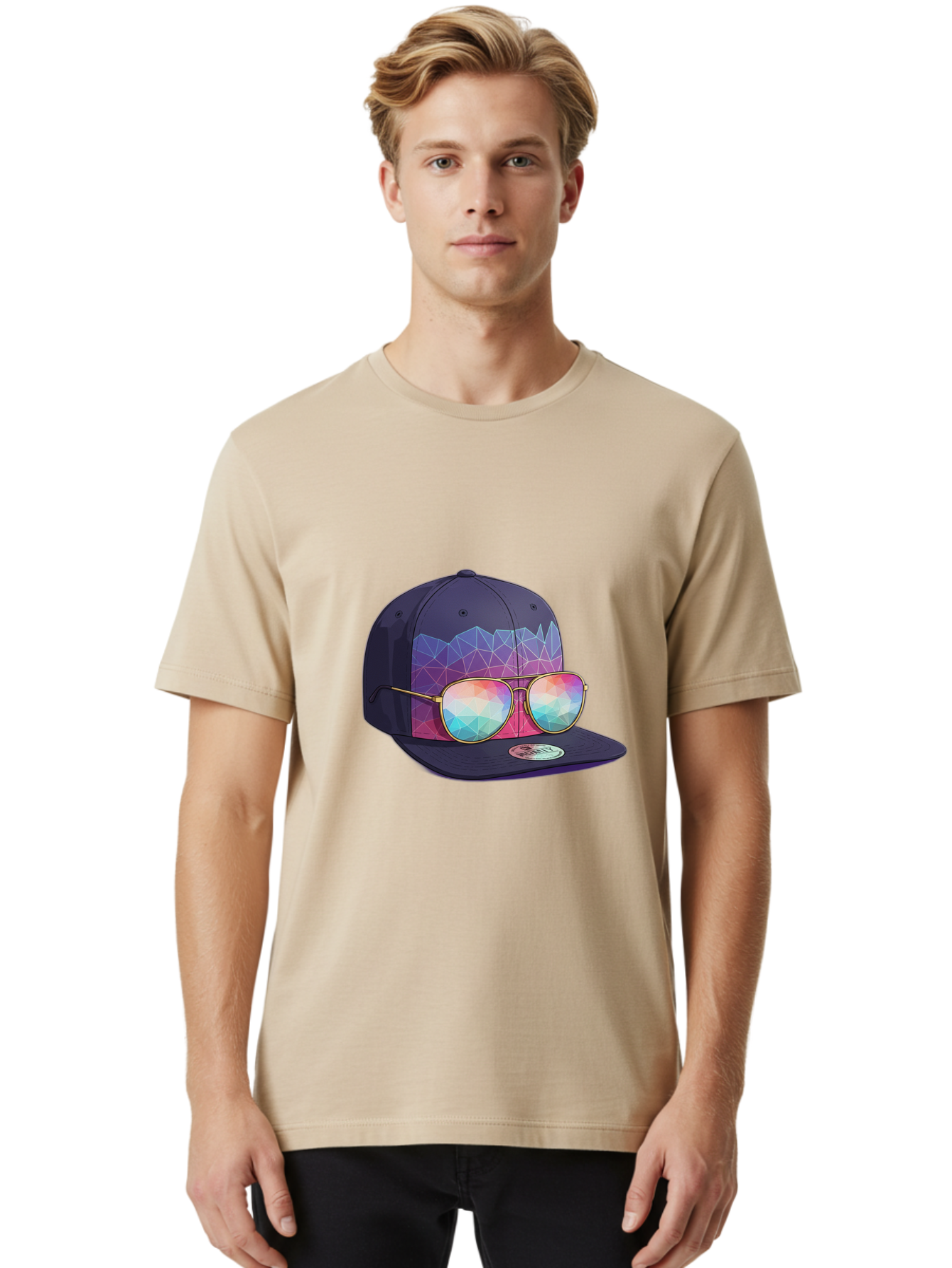 Baseball-Cap-With-Sunglasses-1 Men'S Graphic Tee, 100% Cotton, Comfortable Casual Summer Wear, Machine Washable, Baseball Cap, Sunglasses, Futuristic Style, Rainbow Colors, Gold Frames, Colorful Reflections, Modern Fashion, Trendy Accessories Bac616