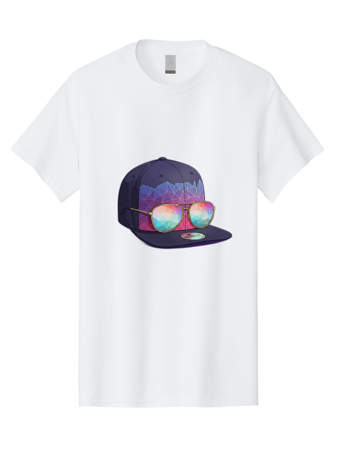 Baseball-Cap-With-Sunglasses-1 Men'S Graphic Tee, 100% Cotton, Comfortable Casual Summer Wear, Machine Washable, Baseball Cap, Sunglasses, Futuristic Style, Rainbow Colors, Gold Frames, Colorful Reflections, Modern Fashion, Trendy Accessories Bac616