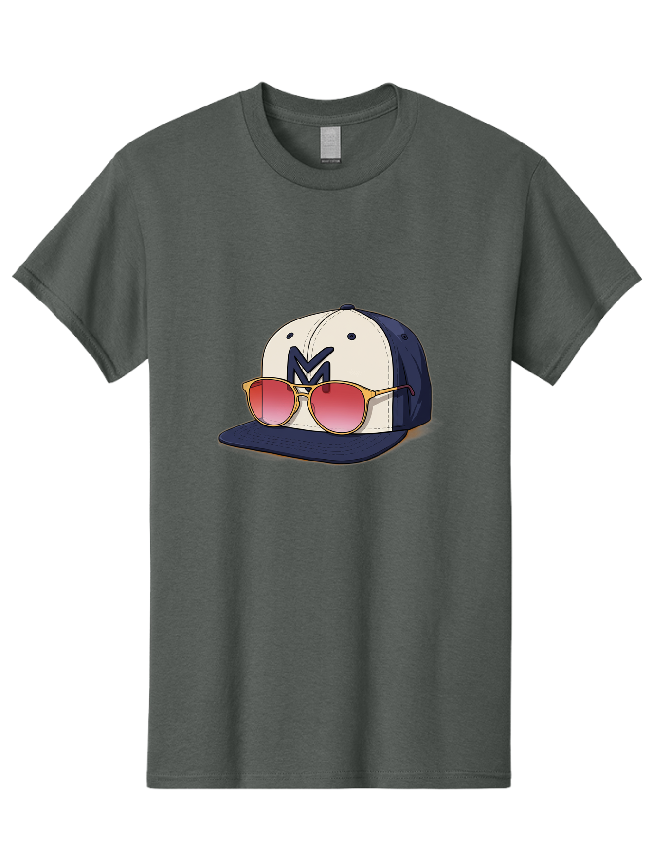 Baseball-Cap-With-Sunglasses Men'S Graphic Tee, 100% Cotton, Comfortable Casual Summer Wear, Machine Washable, Baseball Cap With Sunglasses, Cool Accessories, Stylish Hat, Trendy Eyewear, Gold Frames, Red Lenses, Navy Blue And White Colors, Bac617