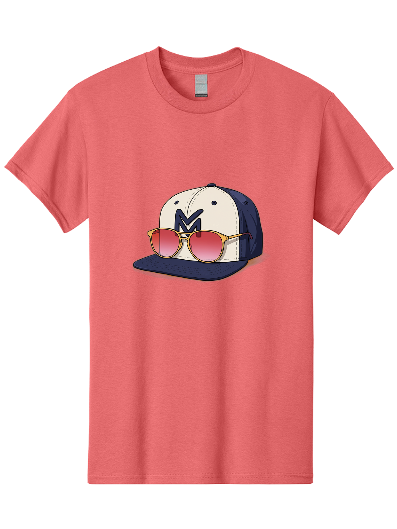 Baseball-Cap-With-Sunglasses Men'S Graphic Tee, 100% Cotton, Comfortable Casual Summer Wear, Machine Washable, Baseball Cap With Sunglasses, Cool Accessories, Stylish Hat, Trendy Eyewear, Gold Frames, Red Lenses, Navy Blue And White Colors, Bac617
