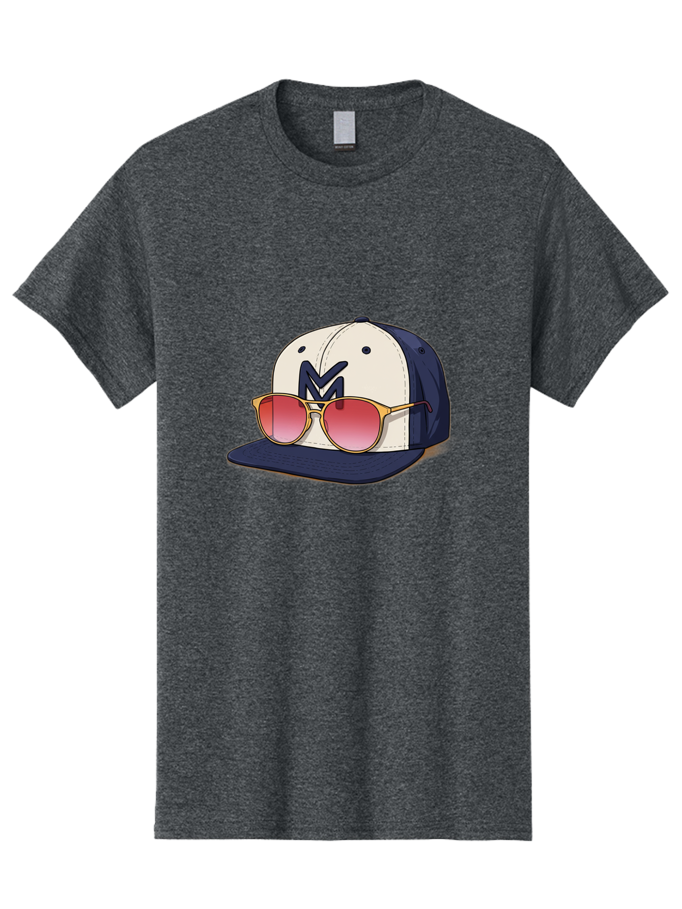 Baseball-Cap-With-Sunglasses Men'S Graphic Tee, 100% Cotton, Comfortable Casual Summer Wear, Machine Washable, Baseball Cap With Sunglasses, Cool Accessories, Stylish Hat, Trendy Eyewear, Gold Frames, Red Lenses, Navy Blue And White Colors, Bac617