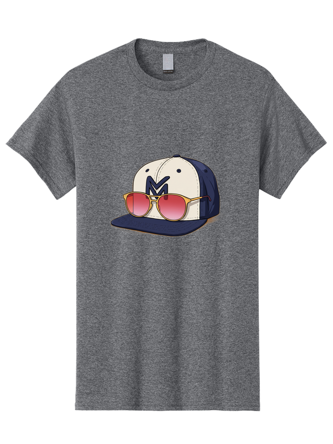 Baseball-Cap-With-Sunglasses Men'S Graphic Tee, 100% Cotton, Comfortable Casual Summer Wear, Machine Washable, Baseball Cap With Sunglasses, Cool Accessories, Stylish Hat, Trendy Eyewear, Gold Frames, Red Lenses, Navy Blue And White Colors, Bac617