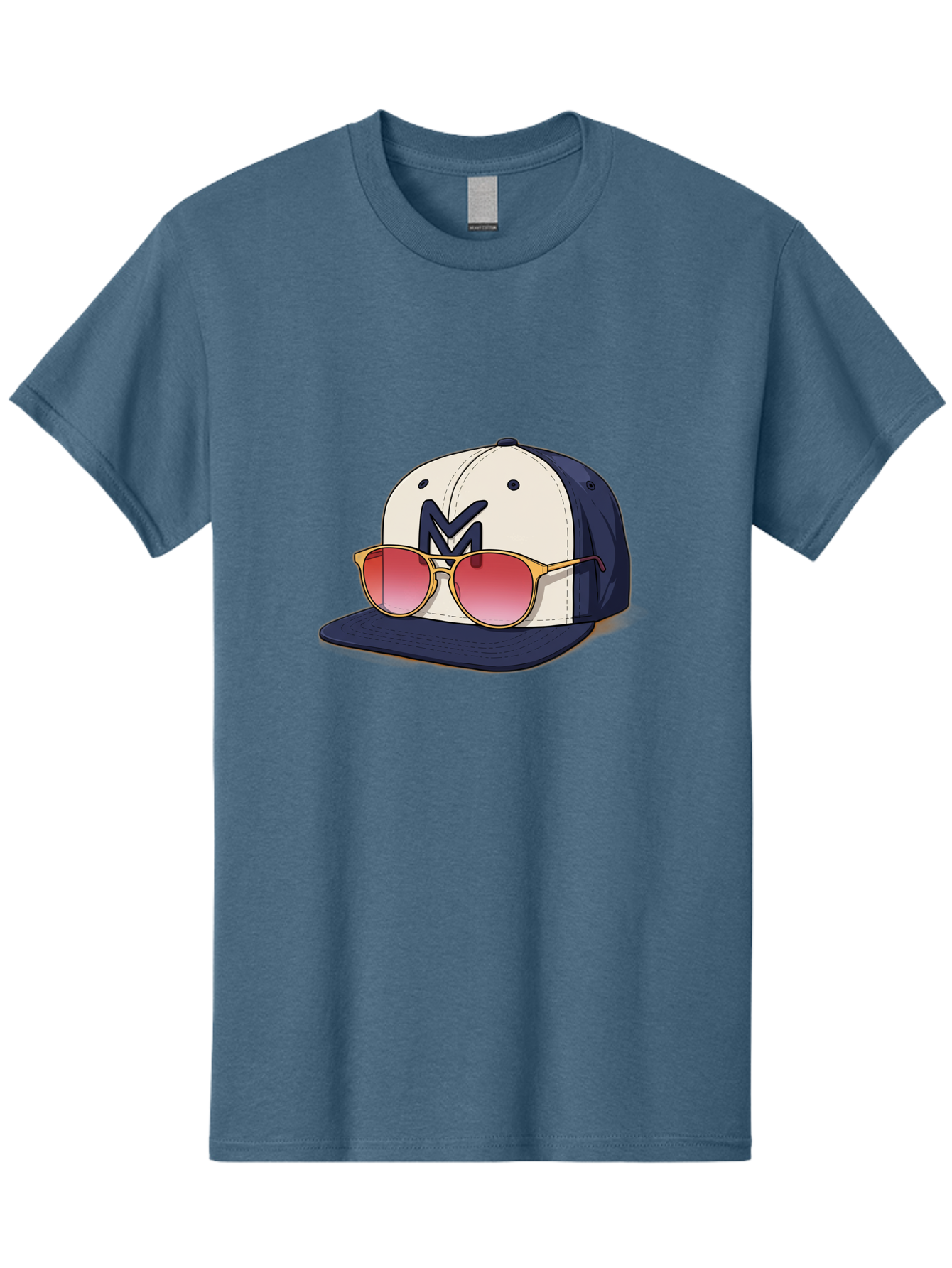 Baseball-Cap-With-Sunglasses Men'S Graphic Tee, 100% Cotton, Comfortable Casual Summer Wear, Machine Washable, Baseball Cap With Sunglasses, Cool Accessories, Stylish Hat, Trendy Eyewear, Gold Frames, Red Lenses, Navy Blue And White Colors, Bac617