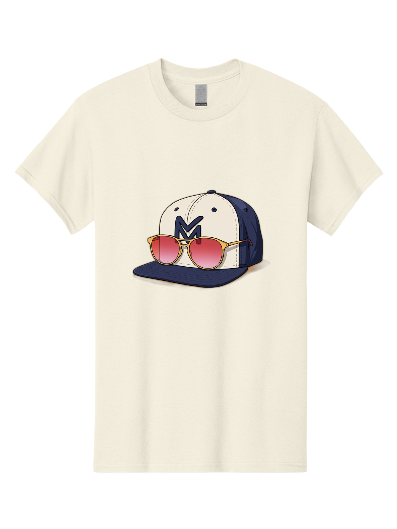 Baseball-Cap-With-Sunglasses Men'S Graphic Tee, 100% Cotton, Comfortable Casual Summer Wear, Machine Washable, Baseball Cap With Sunglasses, Cool Accessories, Stylish Hat, Trendy Eyewear, Gold Frames, Red Lenses, Navy Blue And White Colors, Bac617