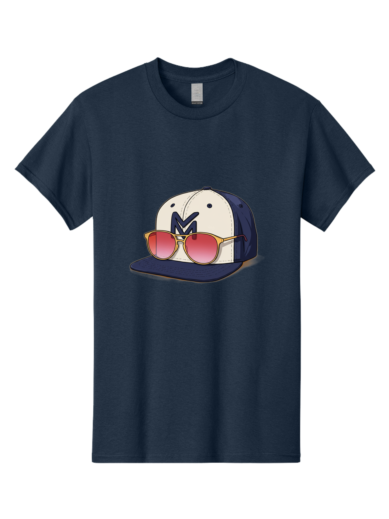 Baseball-Cap-With-Sunglasses Men'S Graphic Tee, 100% Cotton, Comfortable Casual Summer Wear, Machine Washable, Baseball Cap With Sunglasses, Cool Accessories, Stylish Hat, Trendy Eyewear, Gold Frames, Red Lenses, Navy Blue And White Colors, Bac617