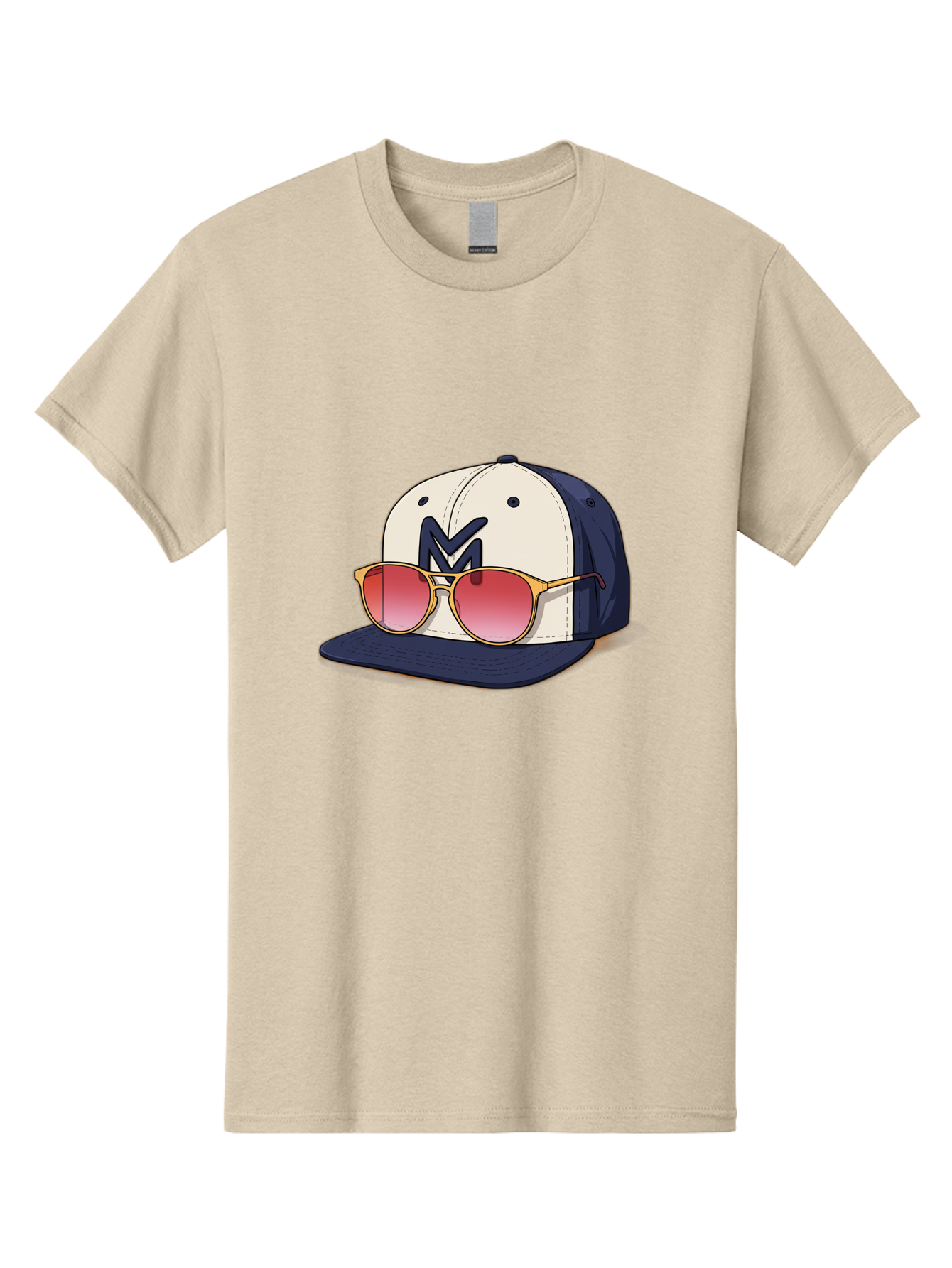 Baseball-Cap-With-Sunglasses Men'S Graphic Tee, 100% Cotton, Comfortable Casual Summer Wear, Machine Washable, Baseball Cap With Sunglasses, Cool Accessories, Stylish Hat, Trendy Eyewear, Gold Frames, Red Lenses, Navy Blue And White Colors, Bac617