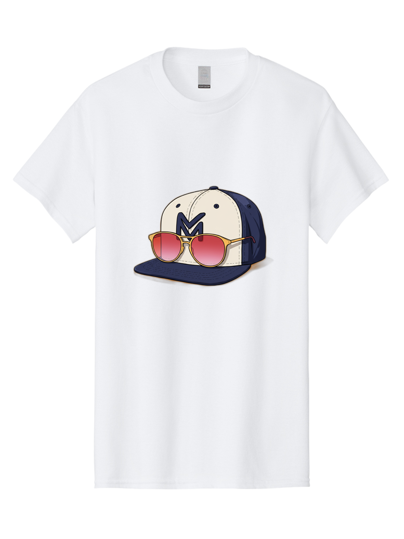 Baseball-Cap-With-Sunglasses Men'S Graphic Tee, 100% Cotton, Comfortable Casual Summer Wear, Machine Washable, Baseball Cap With Sunglasses, Cool Accessories, Stylish Hat, Trendy Eyewear, Gold Frames, Red Lenses, Navy Blue And White Colors, Bac617