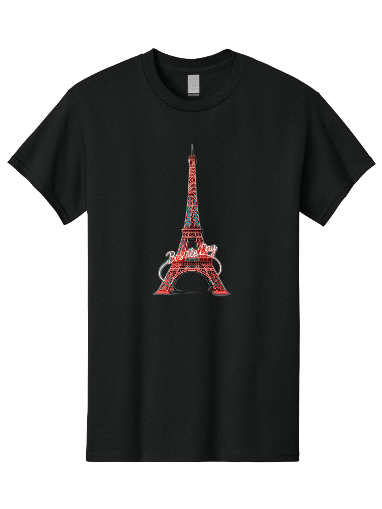 Bastille-Day-Eiffel-Tower Men'S Graphic Tee, 100% Cotton, Comfortable Casual Summer Wear, Machine Washable, Eiffel Tower, Red And Blue Lattice Design, Bastille Day, French Culture, Pink Cursive Text, White Swirls, Vibrant Colors, Bac619