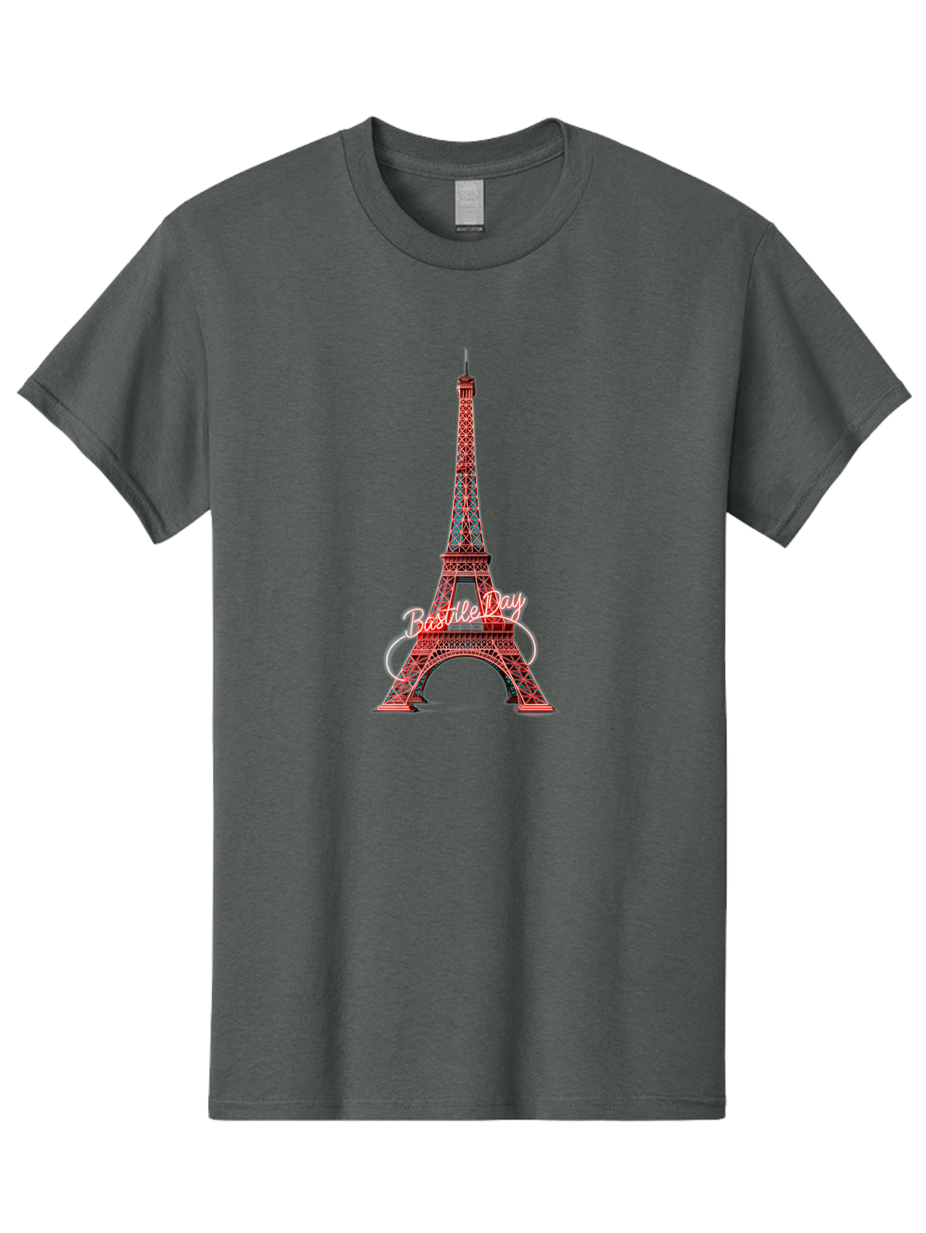 Bastille-Day-Eiffel-Tower Men'S Graphic Tee, 100% Cotton, Comfortable Casual Summer Wear, Machine Washable, Eiffel Tower, Red And Blue Lattice Design, Bastille Day, French Culture, Pink Cursive Text, White Swirls, Vibrant Colors, Bac619