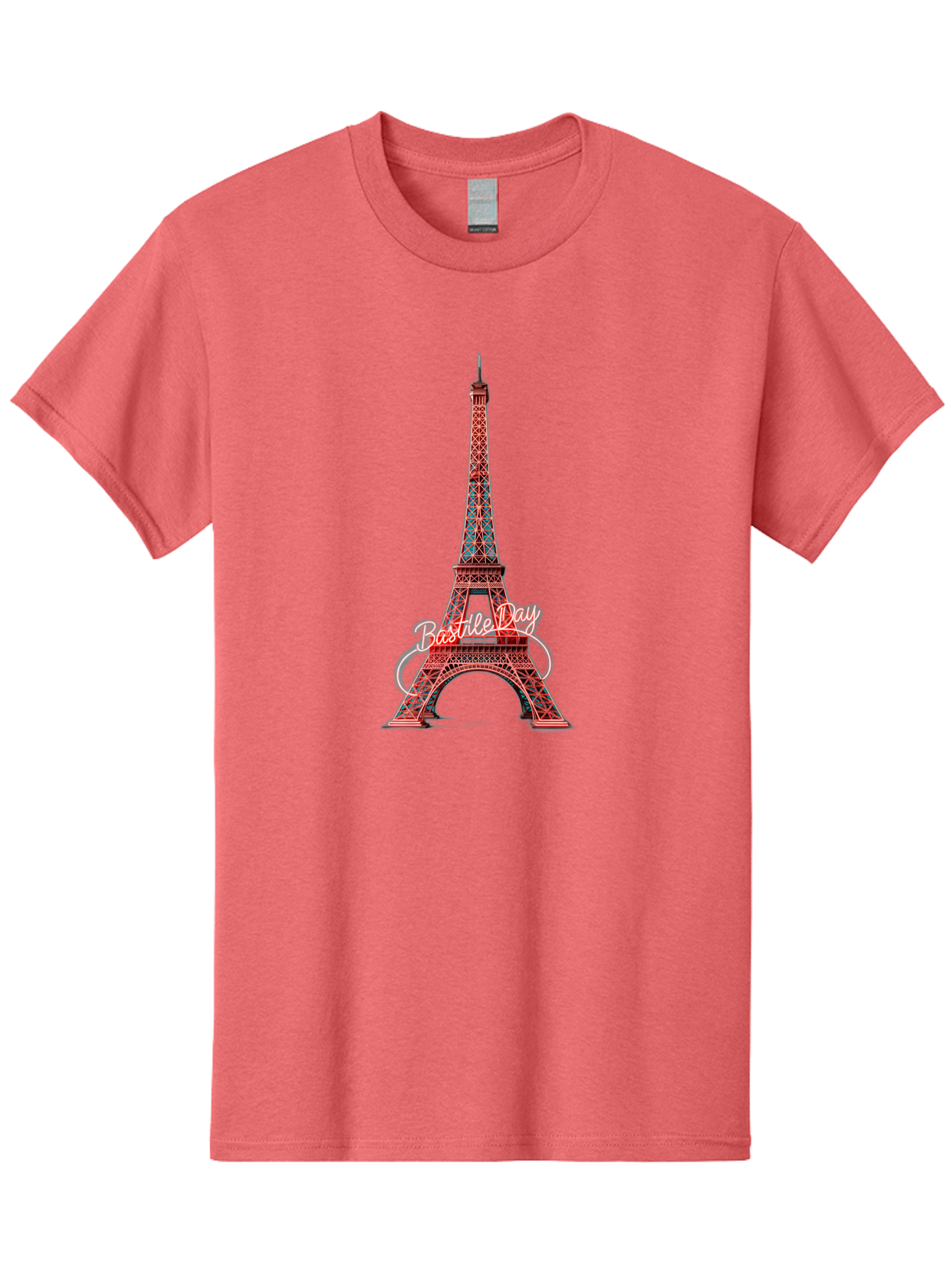 Bastille-Day-Eiffel-Tower Men'S Graphic Tee, 100% Cotton, Comfortable Casual Summer Wear, Machine Washable, Eiffel Tower, Red And Blue Lattice Design, Bastille Day, French Culture, Pink Cursive Text, White Swirls, Vibrant Colors, Bac619