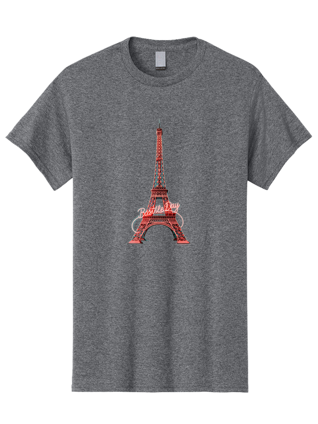 Bastille-Day-Eiffel-Tower Men'S Graphic Tee, 100% Cotton, Comfortable Casual Summer Wear, Machine Washable, Eiffel Tower, Red And Blue Lattice Design, Bastille Day, French Culture, Pink Cursive Text, White Swirls, Vibrant Colors, Bac619