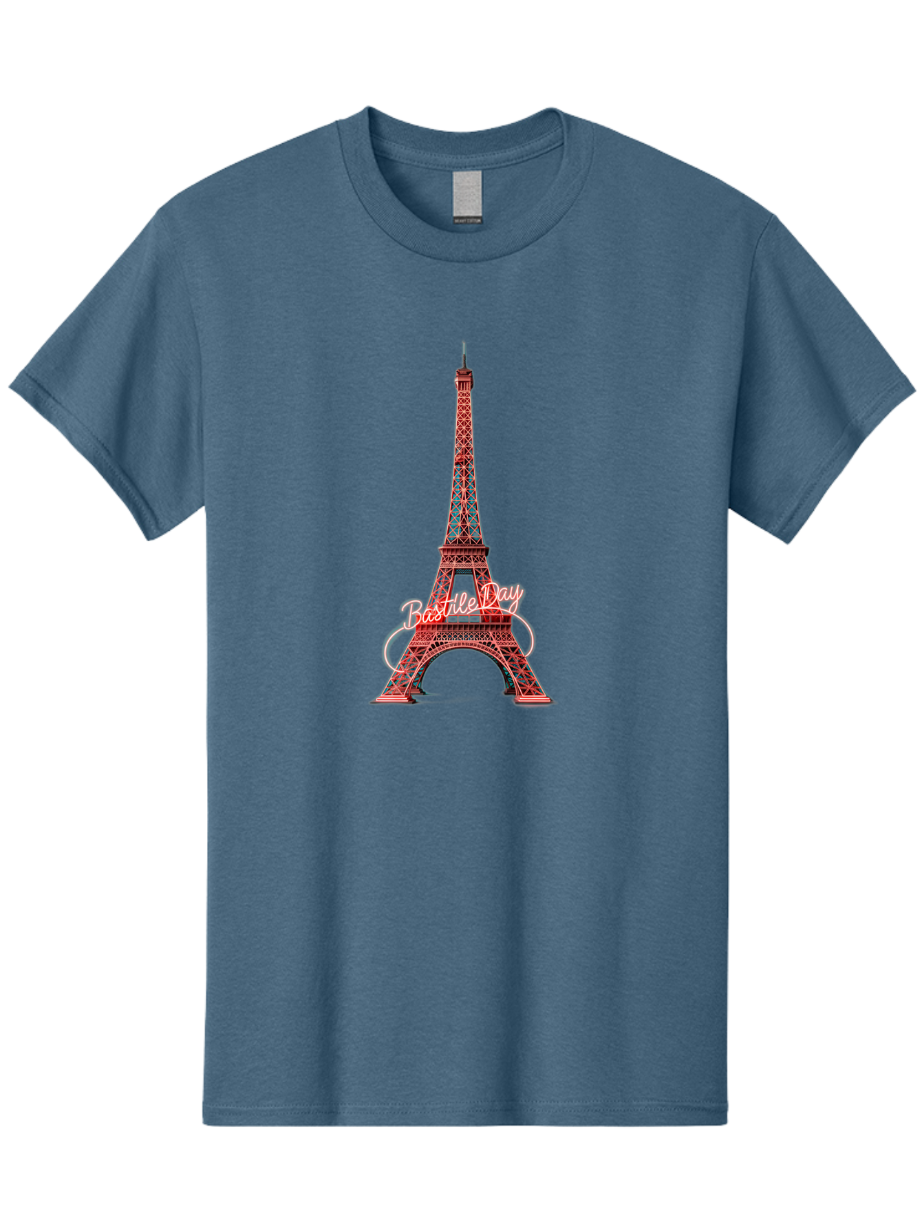 Bastille-Day-Eiffel-Tower Men'S Graphic Tee, 100% Cotton, Comfortable Casual Summer Wear, Machine Washable, Eiffel Tower, Red And Blue Lattice Design, Bastille Day, French Culture, Pink Cursive Text, White Swirls, Vibrant Colors, Bac619