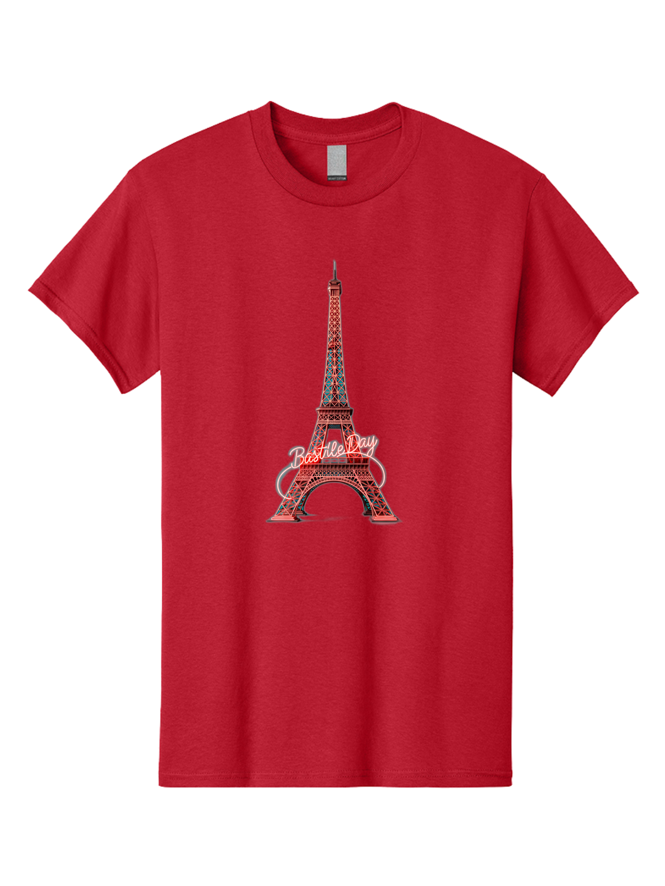 Bastille-Day-Eiffel-Tower Men'S Graphic Tee, 100% Cotton, Comfortable Casual Summer Wear, Machine Washable, Eiffel Tower, Red And Blue Lattice Design, Bastille Day, French Culture, Pink Cursive Text, White Swirls, Vibrant Colors, Bac619