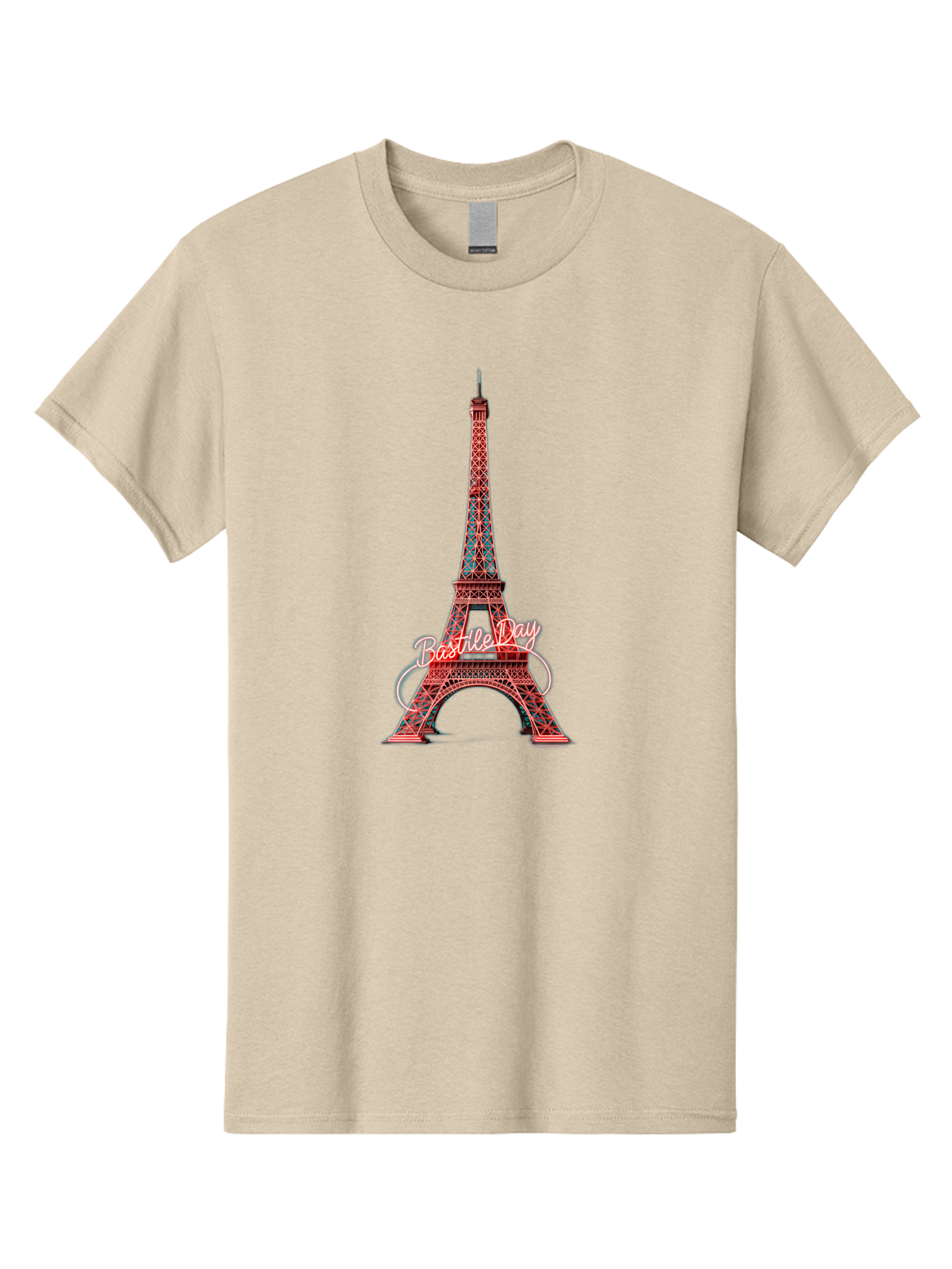 Bastille-Day-Eiffel-Tower Men'S Graphic Tee, 100% Cotton, Comfortable Casual Summer Wear, Machine Washable, Eiffel Tower, Red And Blue Lattice Design, Bastille Day, French Culture, Pink Cursive Text, White Swirls, Vibrant Colors, Bac619