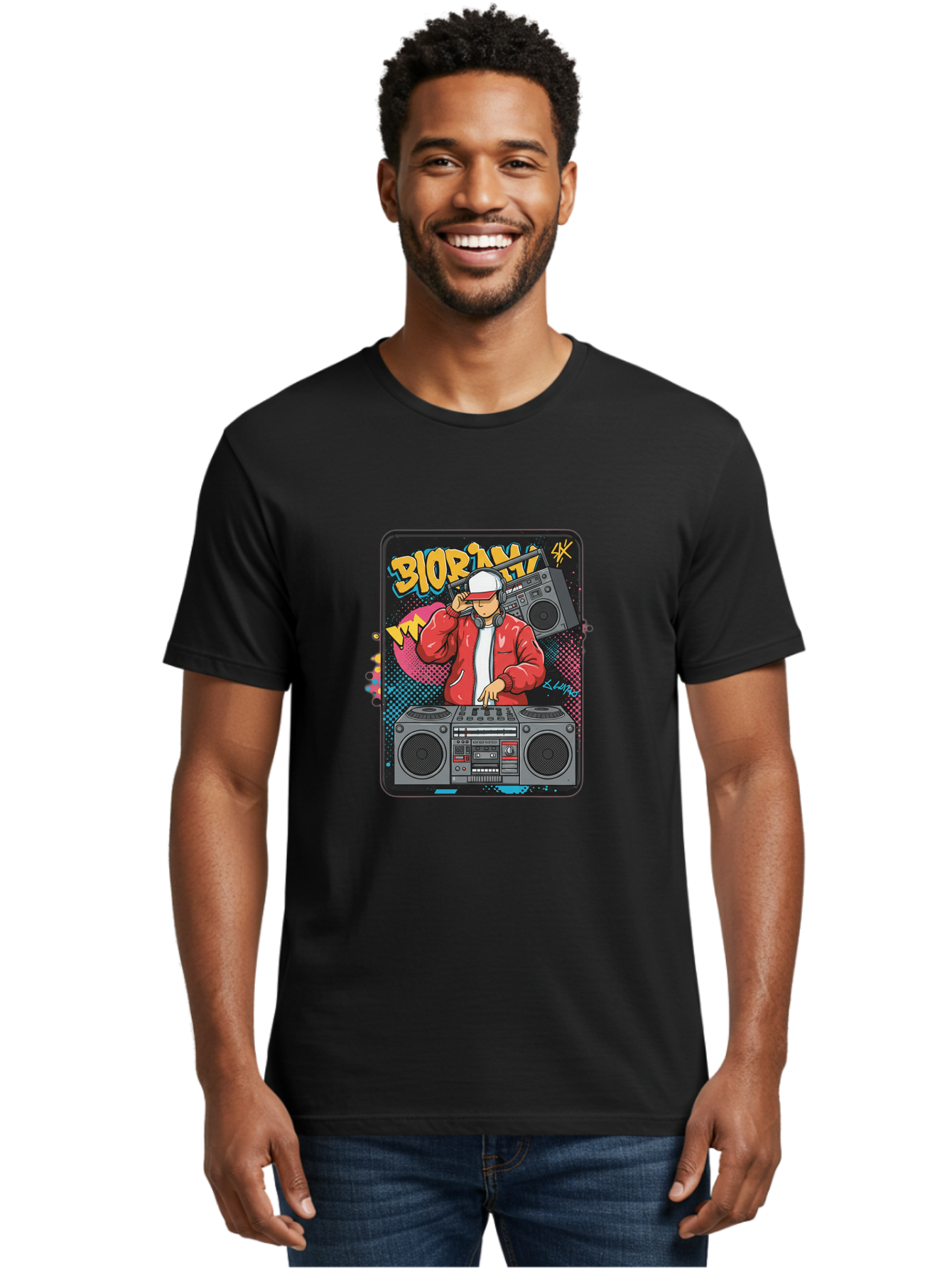 Biorpm Men'S Graphic Tee, 100% Cotton, Comfortable Casual Summer Wear, Machine Washable, Dj Mixing Music, Boombox, Red Jacket, White Hat, Hip Hop Style, Graffiti Art, Urban Culture, Streetwear Fashion, Music Producer, Electronic Dance Music Bac621