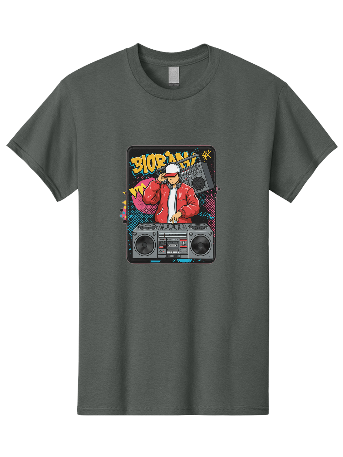 Biorpm Men'S Graphic Tee, 100% Cotton, Comfortable Casual Summer Wear, Machine Washable, Dj Mixing Music, Boombox, Red Jacket, White Hat, Hip Hop Style, Graffiti Art, Urban Culture, Streetwear Fashion, Music Producer, Electronic Dance Music Bac621