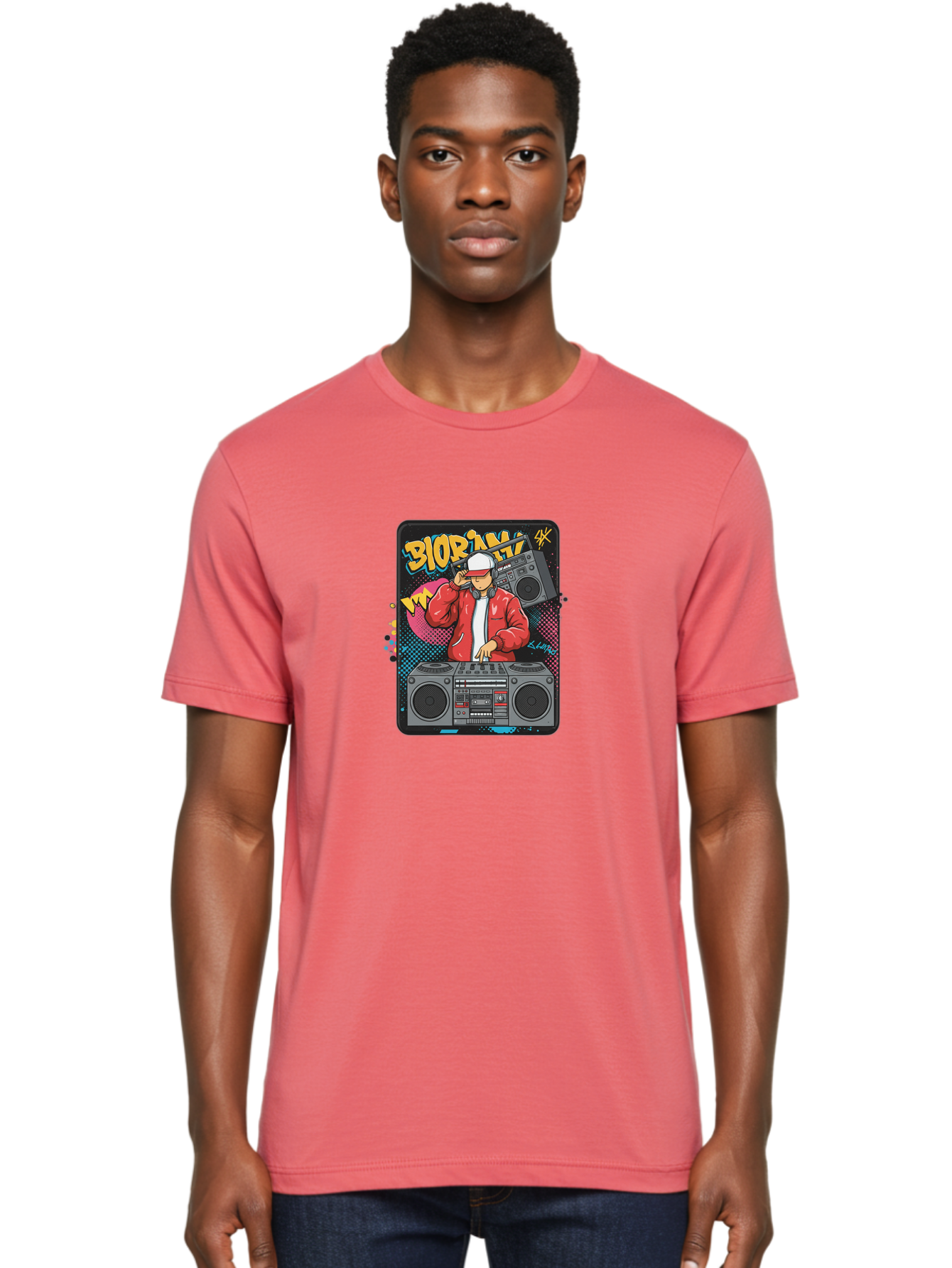 Biorpm Men'S Graphic Tee, 100% Cotton, Comfortable Casual Summer Wear, Machine Washable, Dj Mixing Music, Boombox, Red Jacket, White Hat, Hip Hop Style, Graffiti Art, Urban Culture, Streetwear Fashion, Music Producer, Electronic Dance Music Bac621