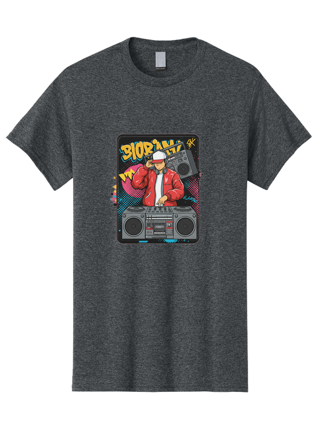 Biorpm Men'S Graphic Tee, 100% Cotton, Comfortable Casual Summer Wear, Machine Washable, Dj Mixing Music, Boombox, Red Jacket, White Hat, Hip Hop Style, Graffiti Art, Urban Culture, Streetwear Fashion, Music Producer, Electronic Dance Music Bac621