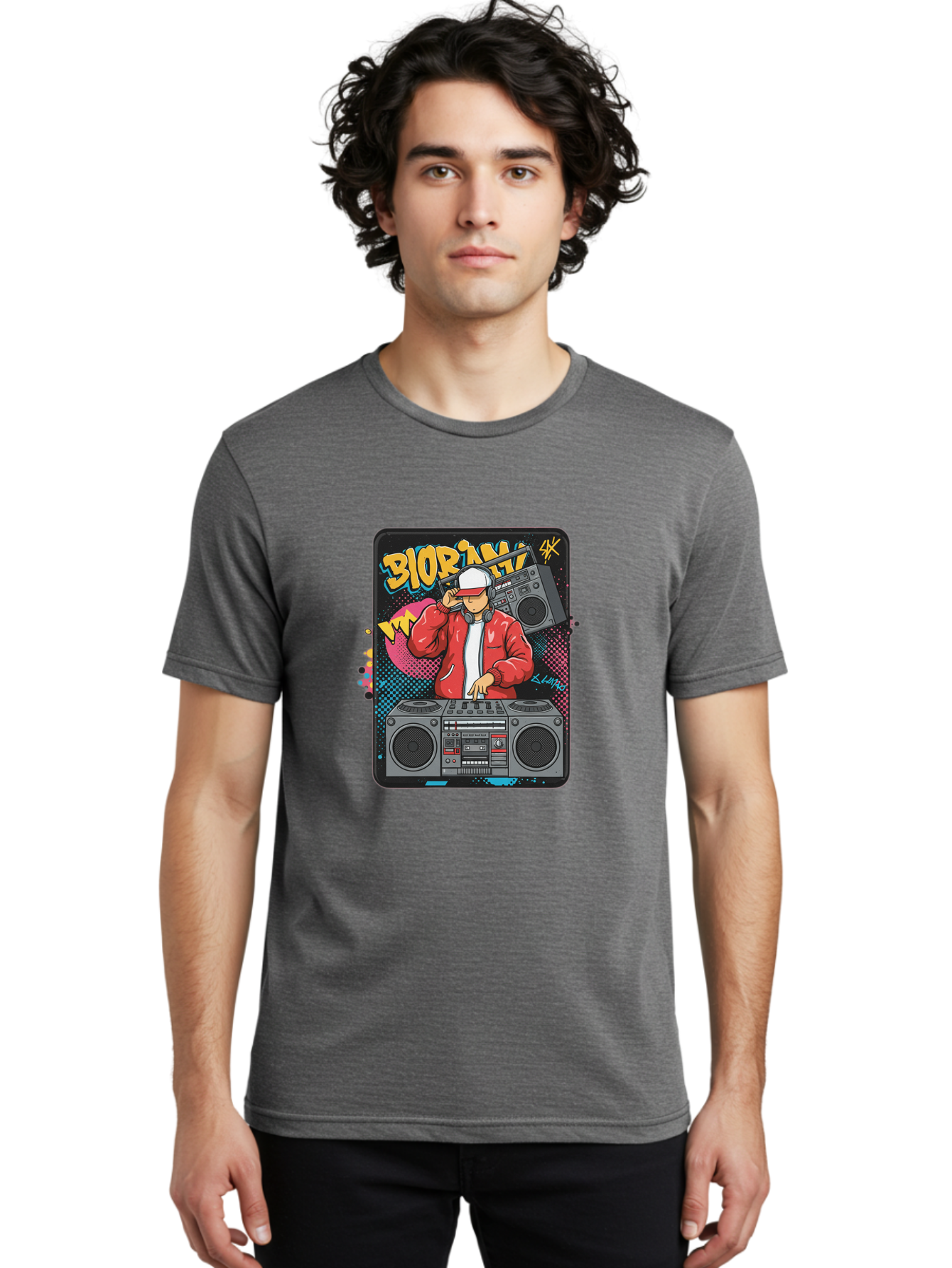 Biorpm Men'S Graphic Tee, 100% Cotton, Comfortable Casual Summer Wear, Machine Washable, Dj Mixing Music, Boombox, Red Jacket, White Hat, Hip Hop Style, Graffiti Art, Urban Culture, Streetwear Fashion, Music Producer, Electronic Dance Music Bac621