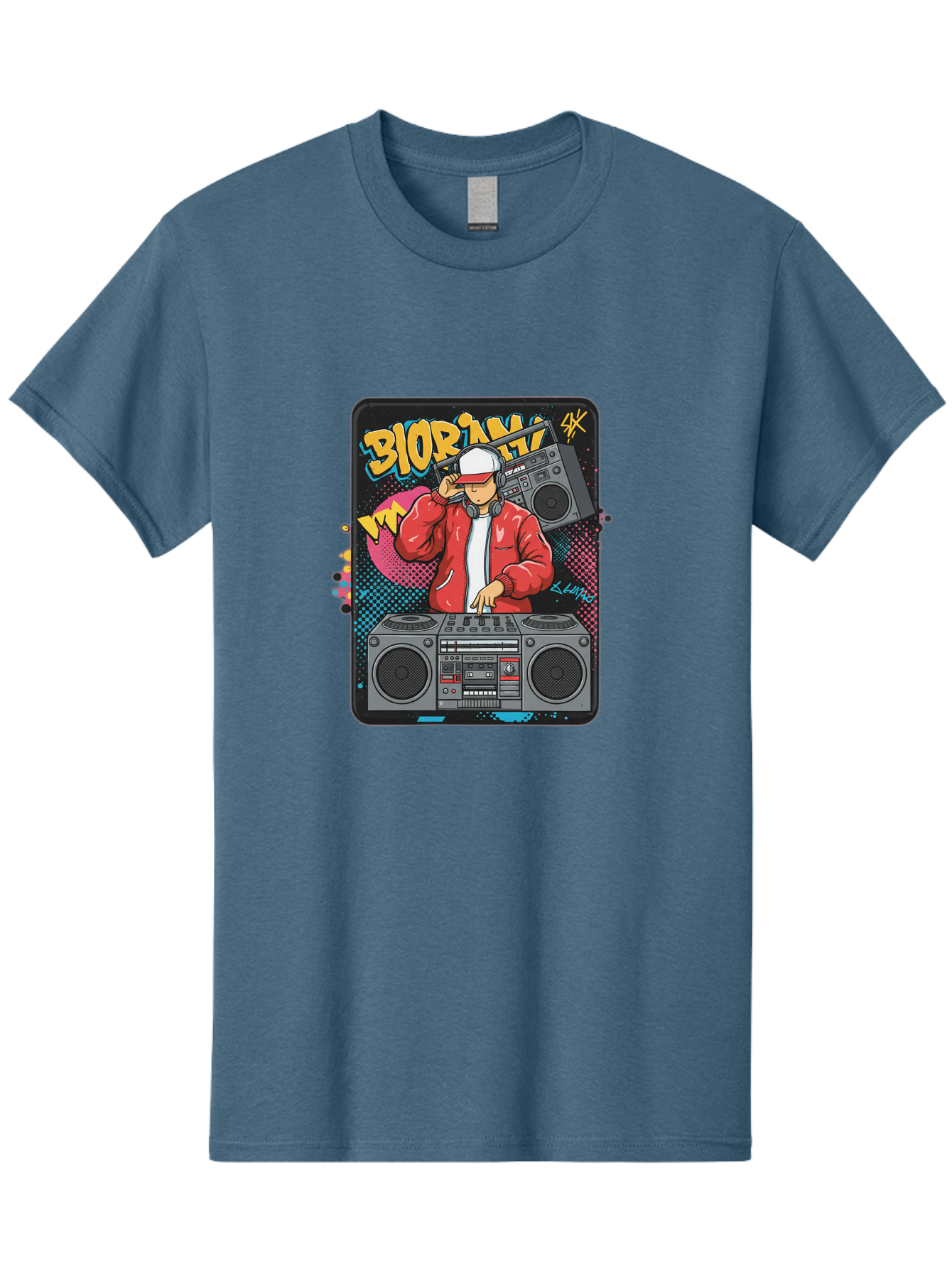Biorpm Men'S Graphic Tee, 100% Cotton, Comfortable Casual Summer Wear, Machine Washable, Dj Mixing Music, Boombox, Red Jacket, White Hat, Hip Hop Style, Graffiti Art, Urban Culture, Streetwear Fashion, Music Producer, Electronic Dance Music Bac621