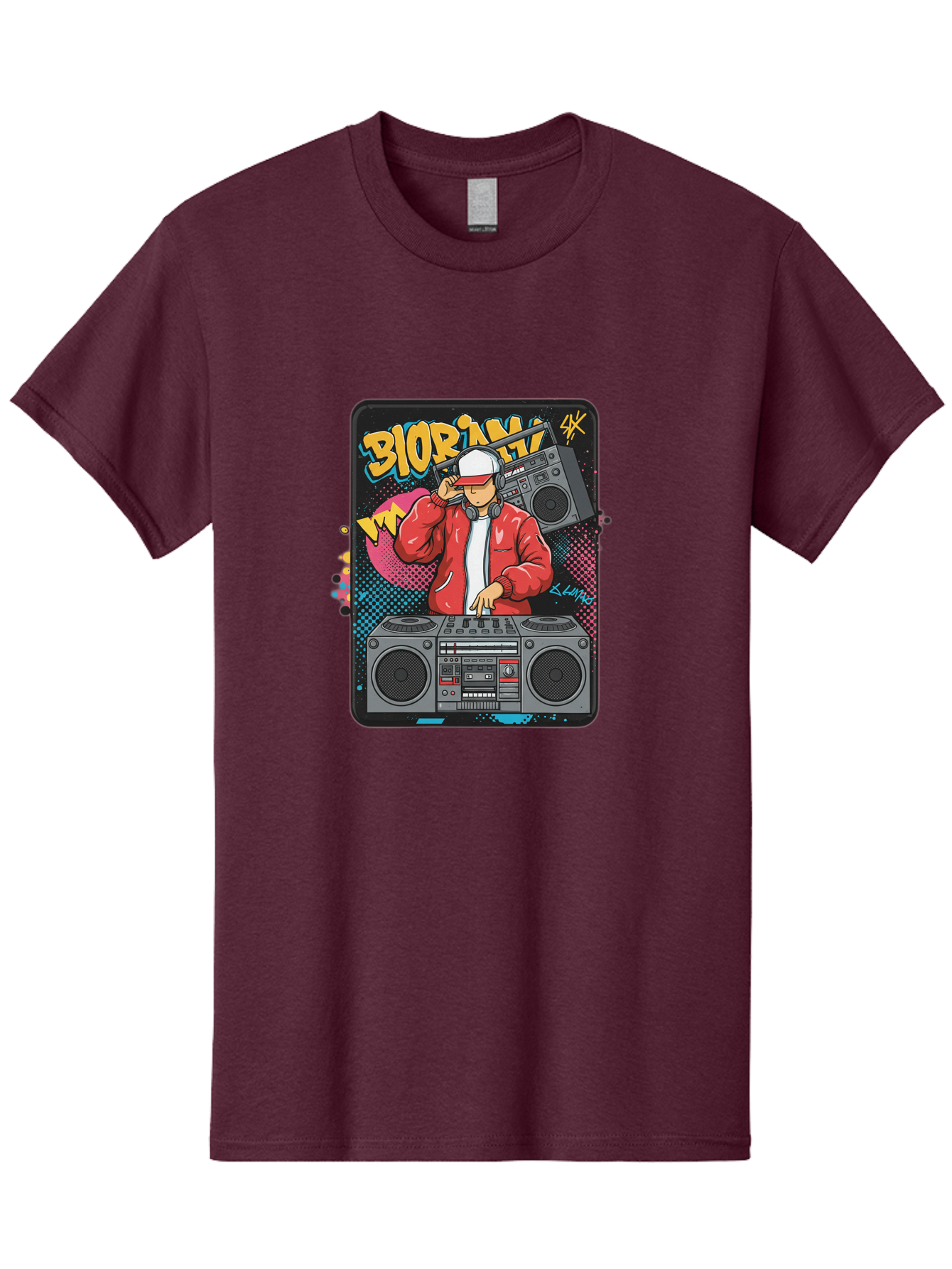 Biorpm Men'S Graphic Tee, 100% Cotton, Comfortable Casual Summer Wear, Machine Washable, Dj Mixing Music, Boombox, Red Jacket, White Hat, Hip Hop Style, Graffiti Art, Urban Culture, Streetwear Fashion, Music Producer, Electronic Dance Music Bac621