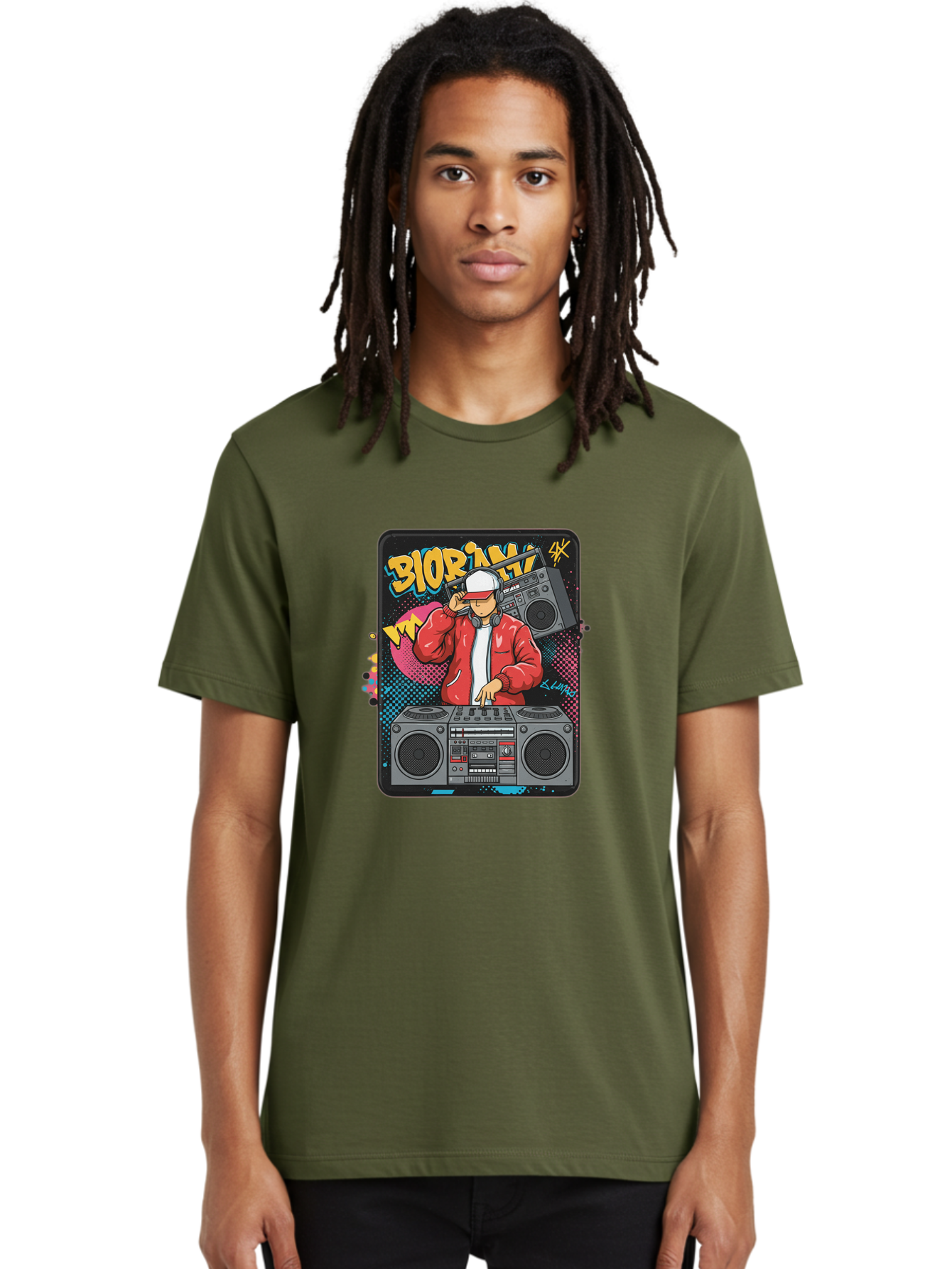 Biorpm Men'S Graphic Tee, 100% Cotton, Comfortable Casual Summer Wear, Machine Washable, Dj Mixing Music, Boombox, Red Jacket, White Hat, Hip Hop Style, Graffiti Art, Urban Culture, Streetwear Fashion, Music Producer, Electronic Dance Music Bac621