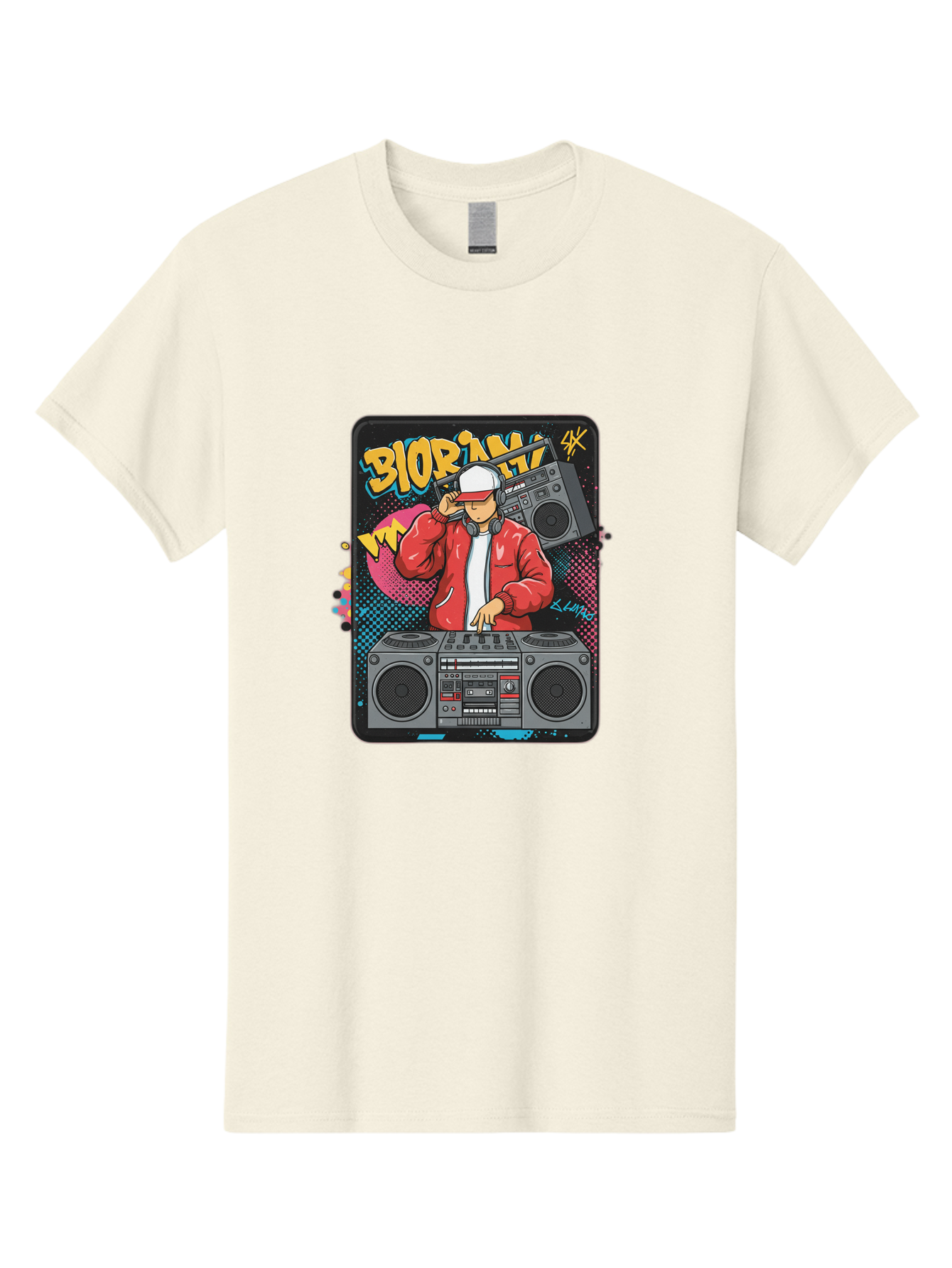 Biorpm Men'S Graphic Tee, 100% Cotton, Comfortable Casual Summer Wear, Machine Washable, Dj Mixing Music, Boombox, Red Jacket, White Hat, Hip Hop Style, Graffiti Art, Urban Culture, Streetwear Fashion, Music Producer, Electronic Dance Music Bac621