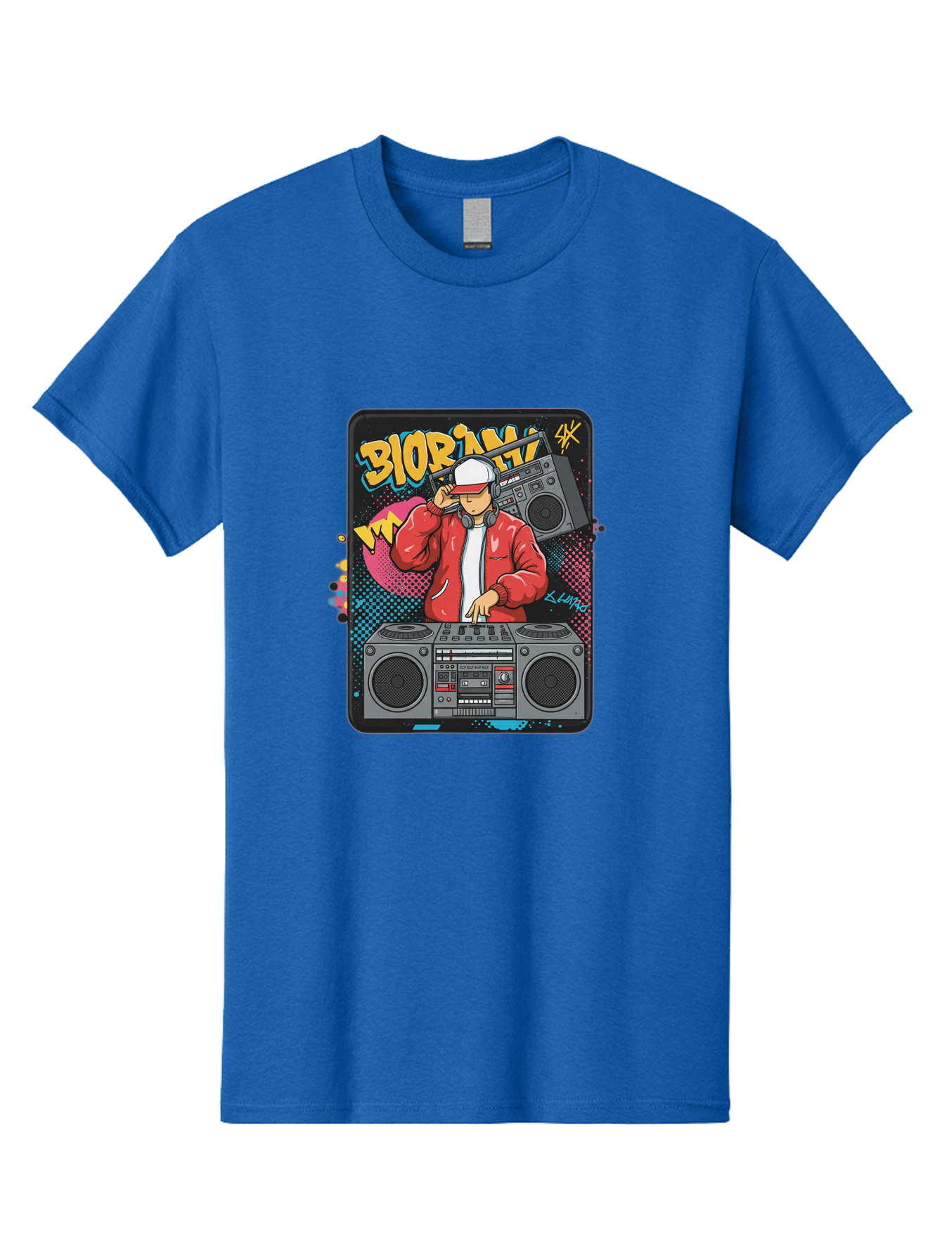 Biorpm Men'S Graphic Tee, 100% Cotton, Comfortable Casual Summer Wear, Machine Washable, Dj Mixing Music, Boombox, Red Jacket, White Hat, Hip Hop Style, Graffiti Art, Urban Culture, Streetwear Fashion, Music Producer, Electronic Dance Music Bac621